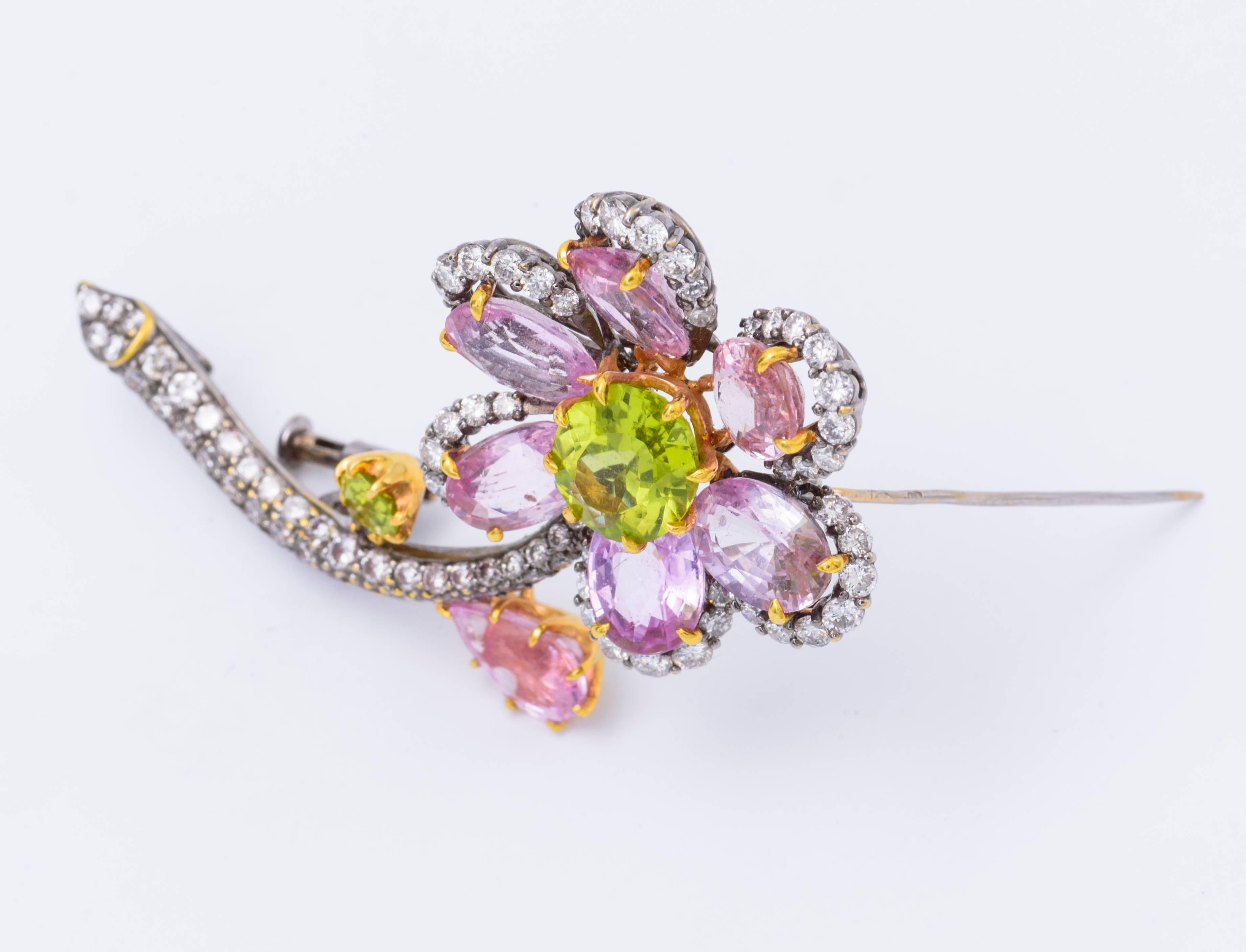 Women's Pink Sapphire and Peridot Flower Pin
