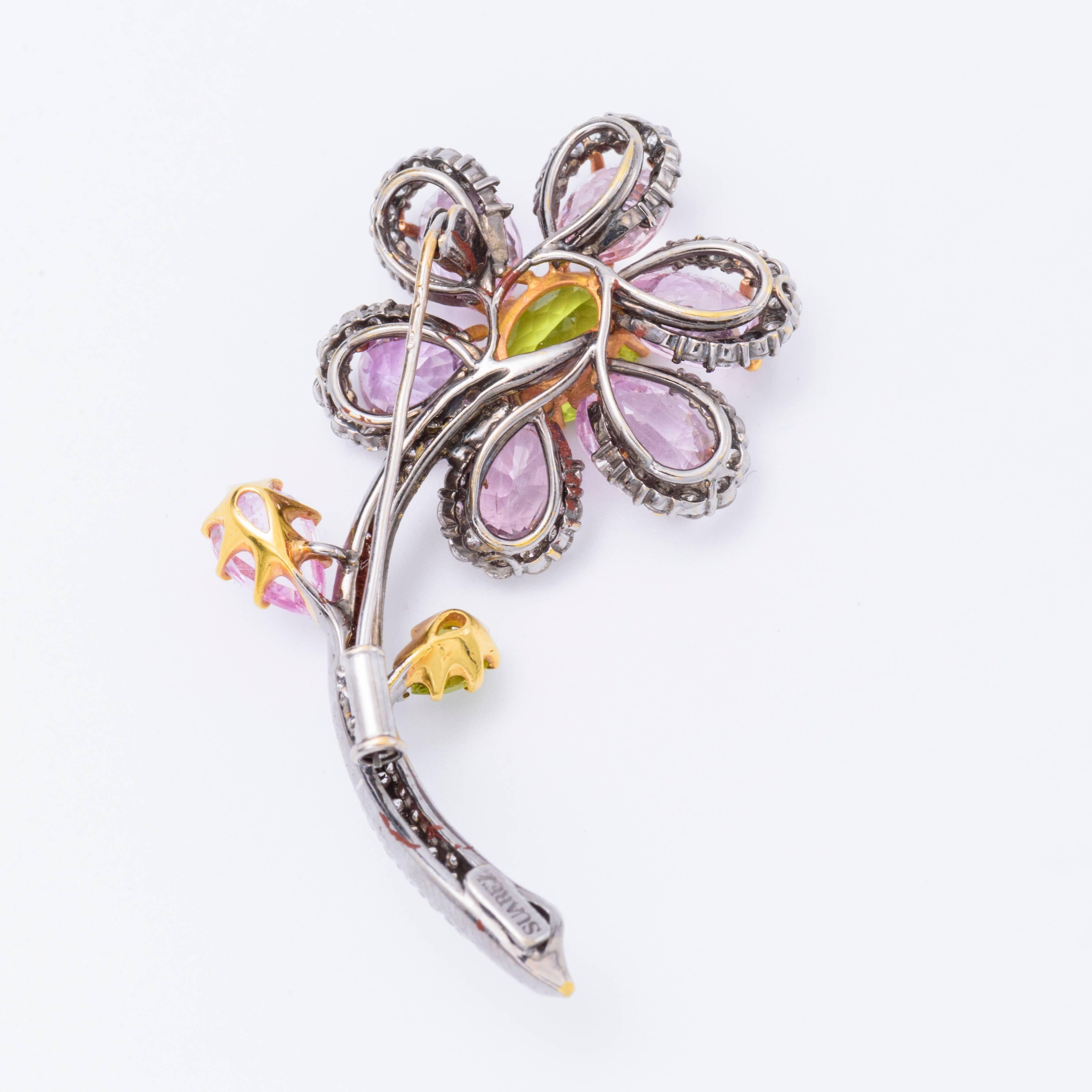 Pink Sapphire and Peridot Flower Pin 1