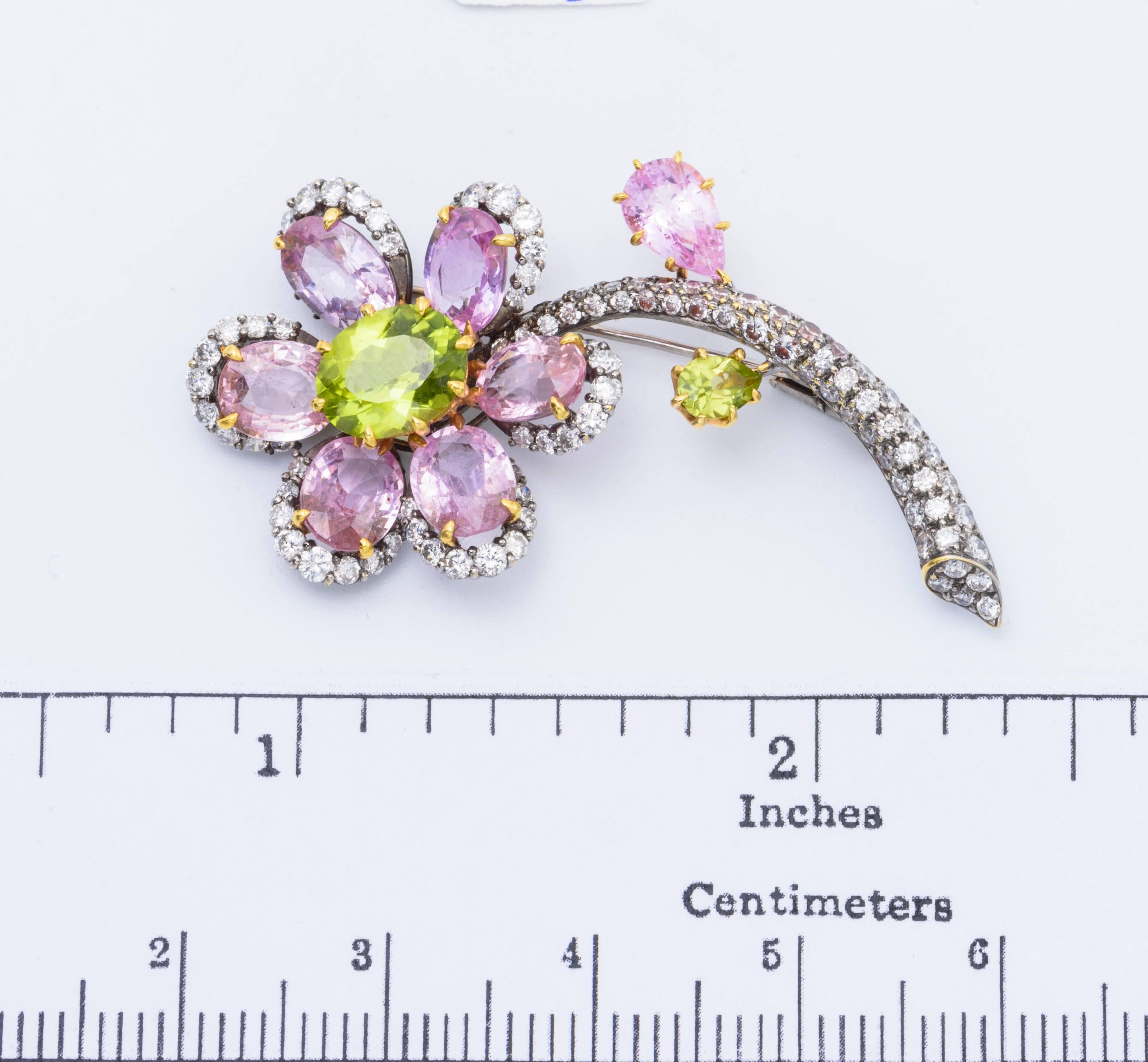 Pink Sapphire and Peridot Flower Pin 3