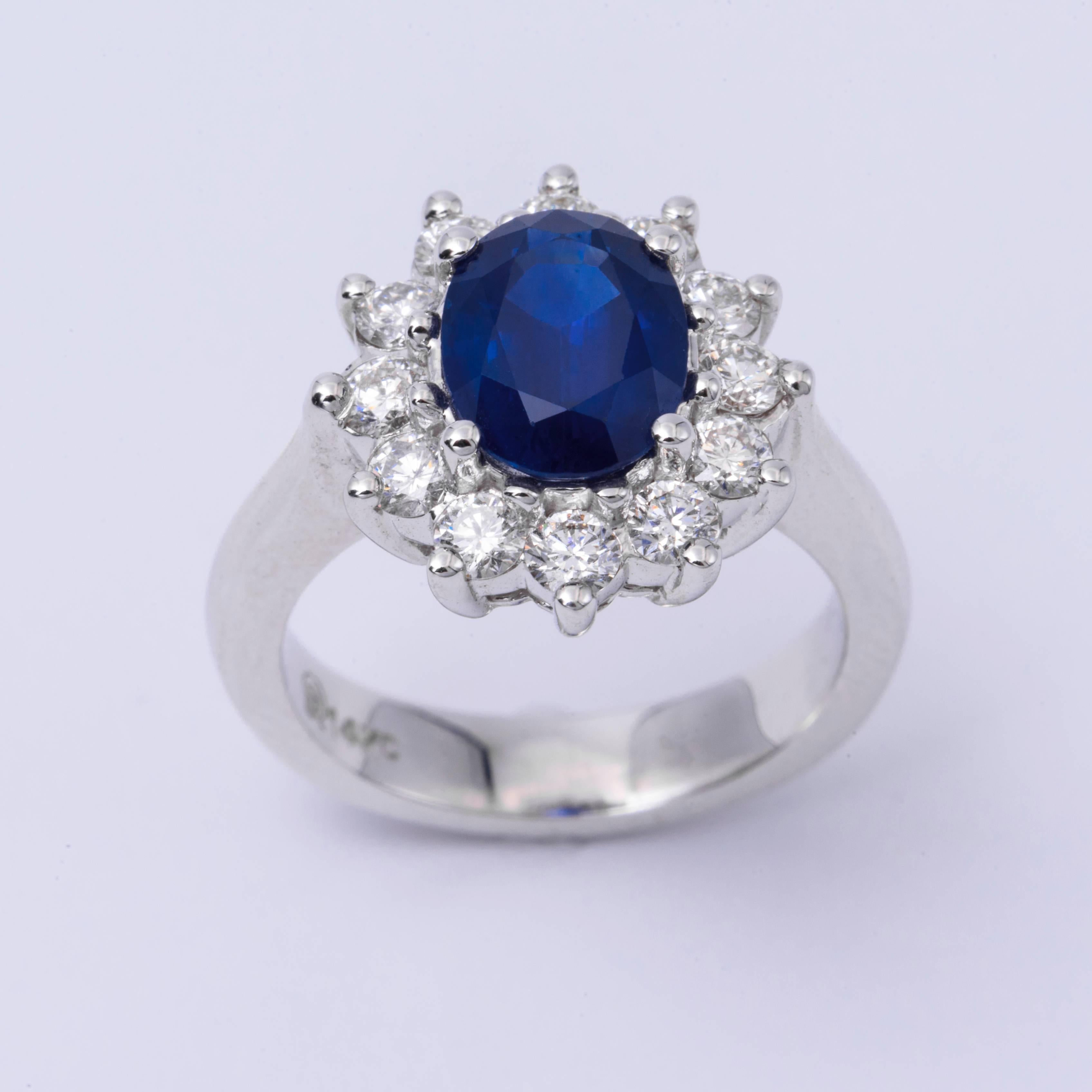 Style: 14k Oval Shape Sapphire Diamond Halo Engagement Ring
Material: 14k White Gold
Gemstone Details: 1 Oval Shape Sapphire approximately 2.49 ct. 9x7mm
Diamond Details: Approximately 0.84 ctw of diamonds. Diamonds are H in color and SI in