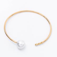 South Sea Pearl and Three Diamonds Yellow Gold Bangle Bracelet