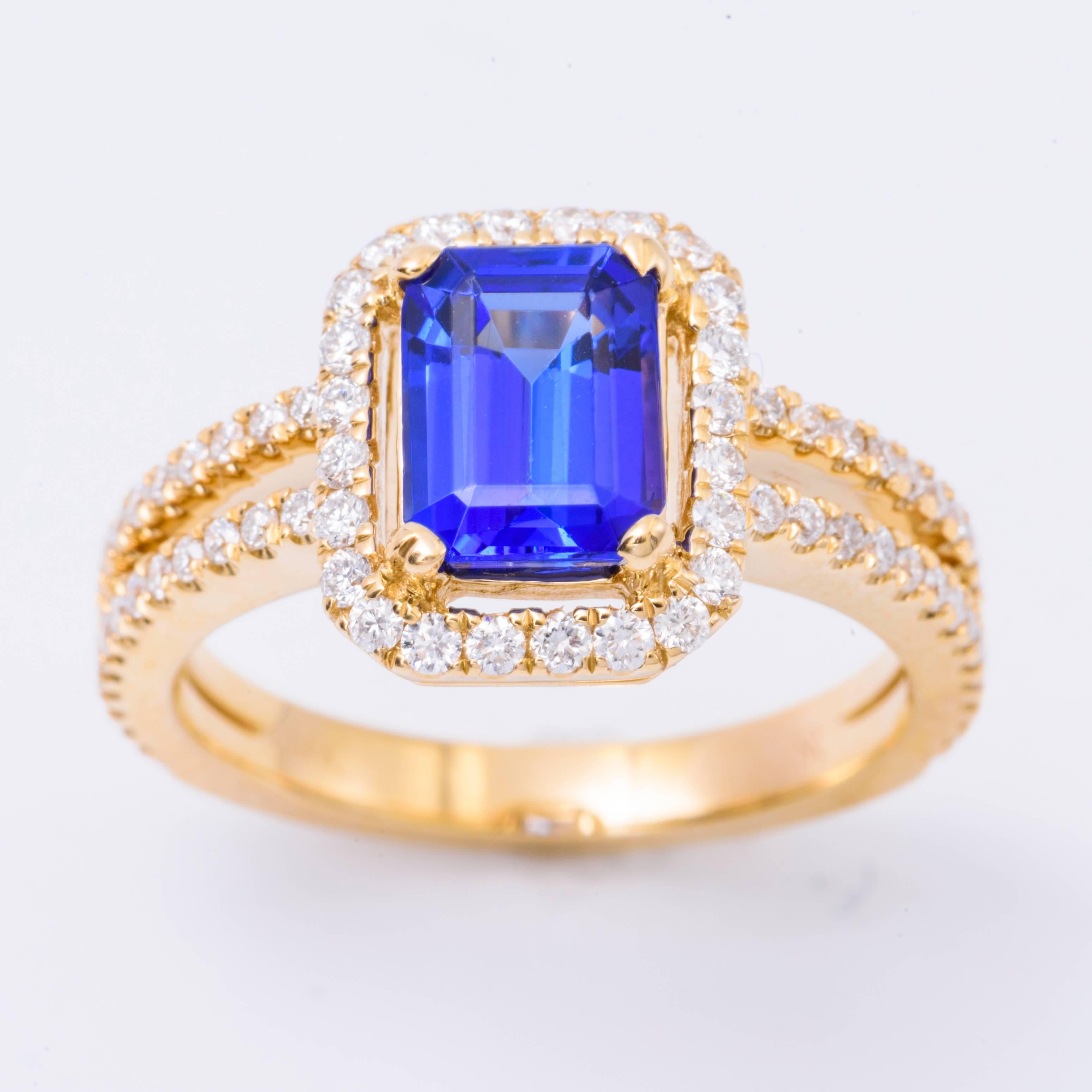 14K yellow gold 
Tanzanite: 1.46 Cts. 8 x 6 mm
Diamonds: 0.60 Cts.