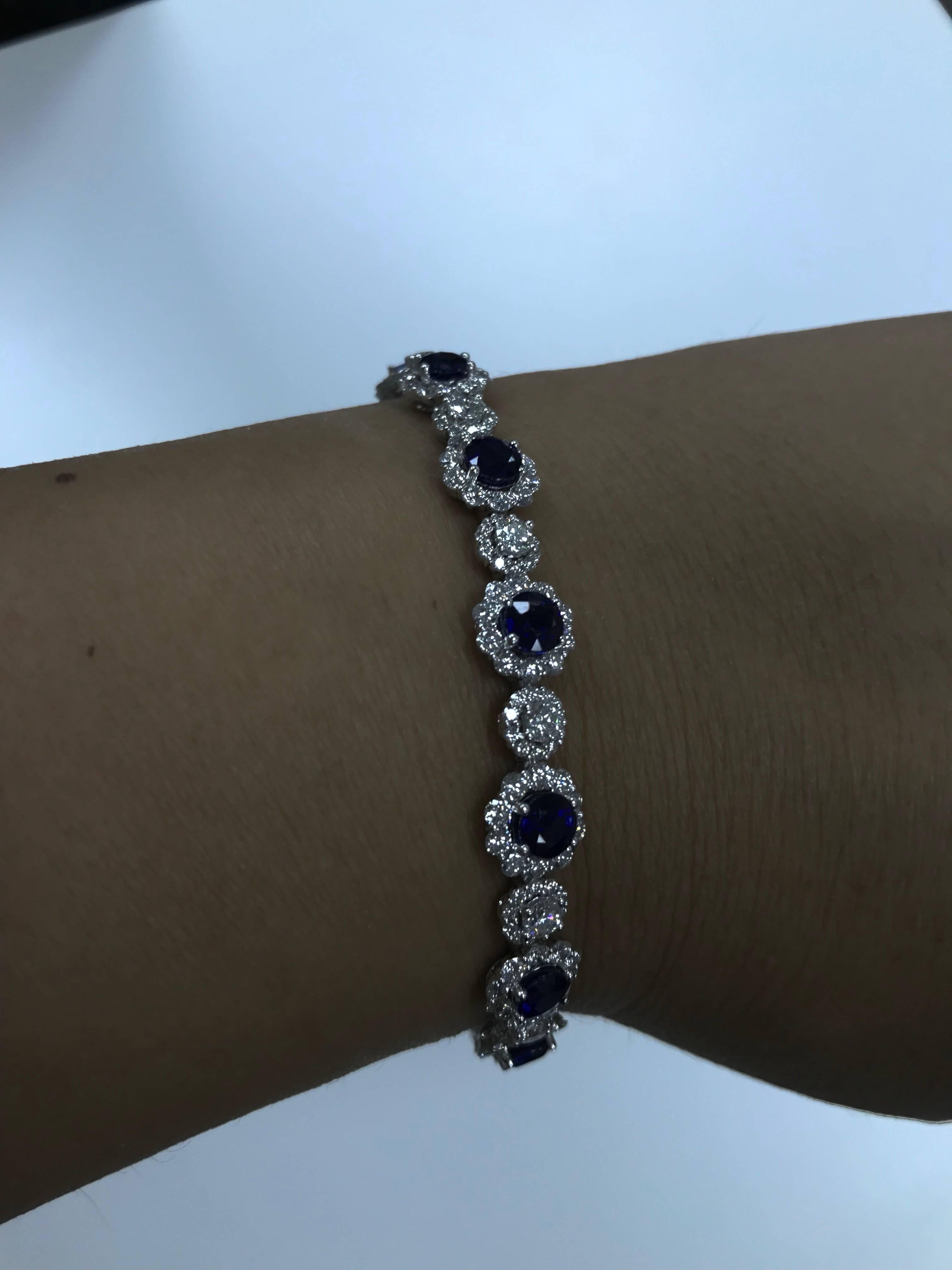 Contemporary Sapphire and Diamonds Flower Shape Tennis Bracelet