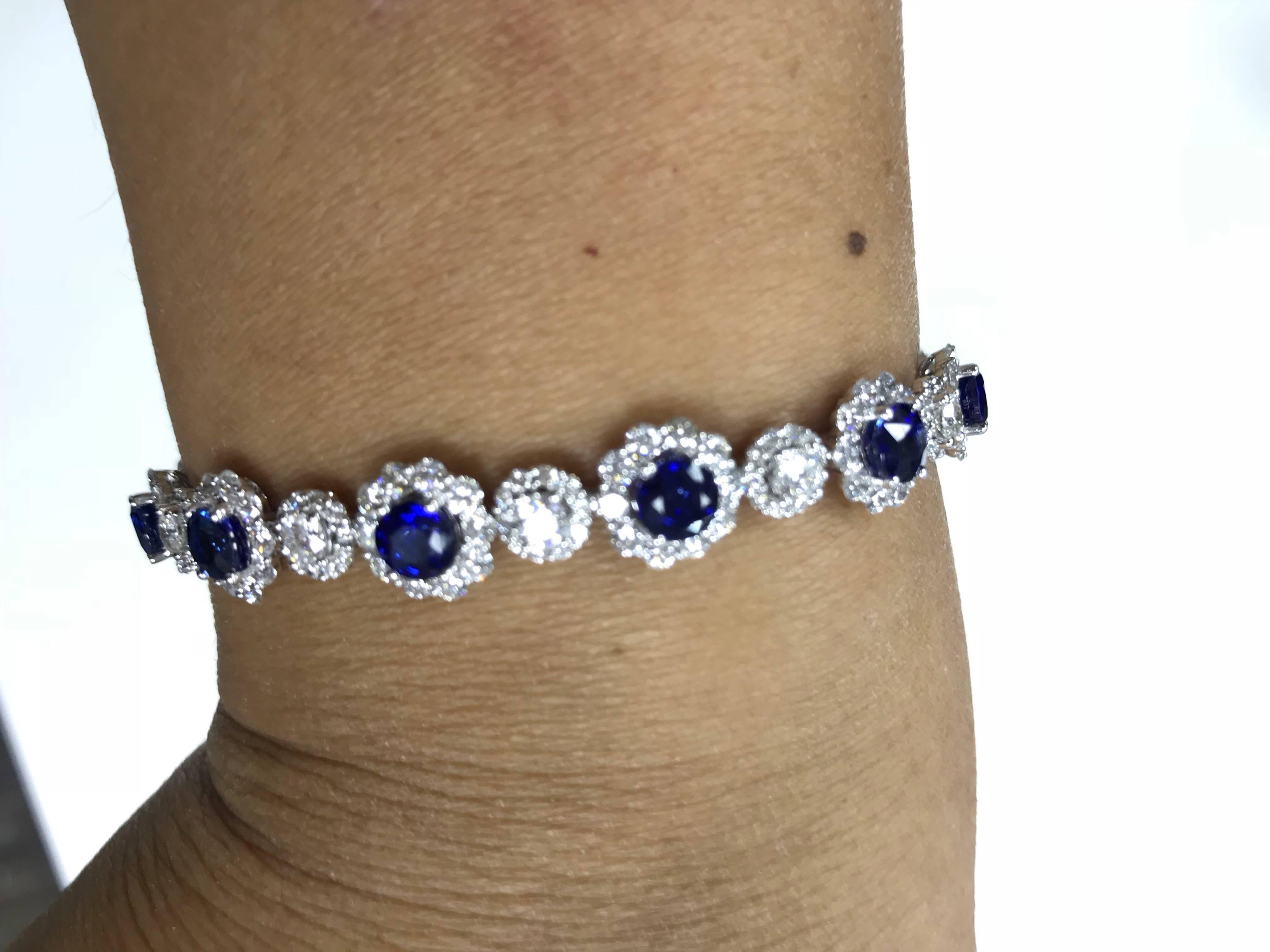 Round Cut Sapphire and Diamonds Flower Shape Tennis Bracelet