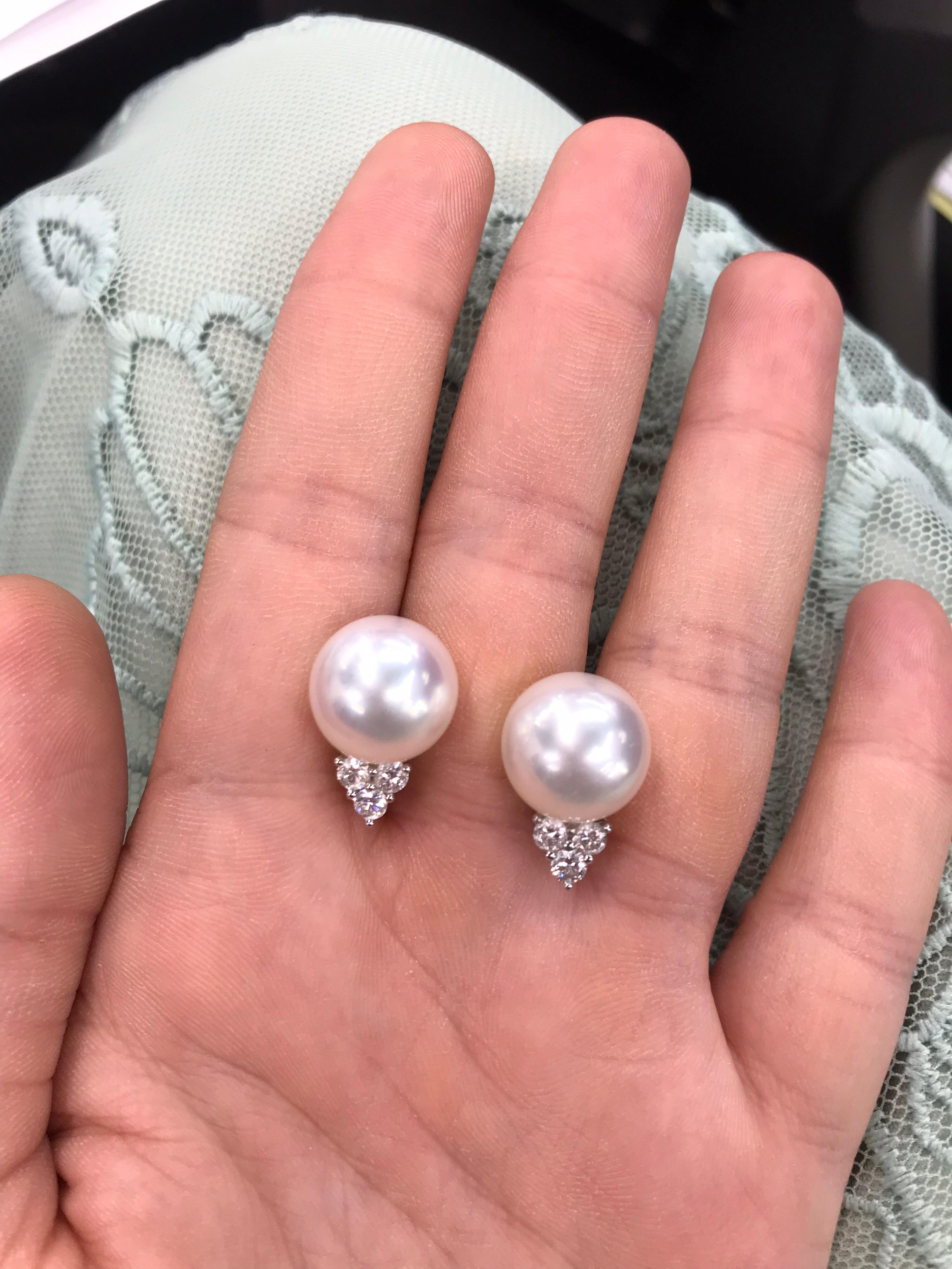 Contemporary South Sea Pearl Diamond Drop Earrings 0.60 Carats 12-13 MM 18K White Gold For Sale