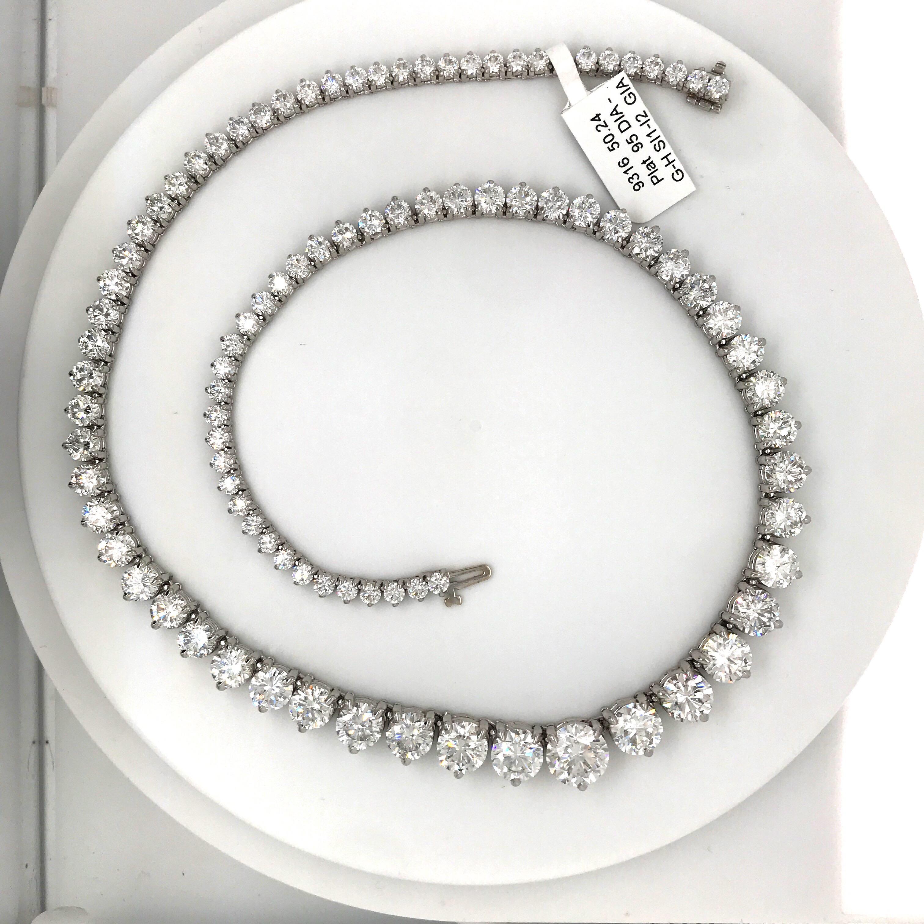 GIA-zertifizierte abgestufte Riviere-Halskette aus Platin, 50,24 Karat Damen