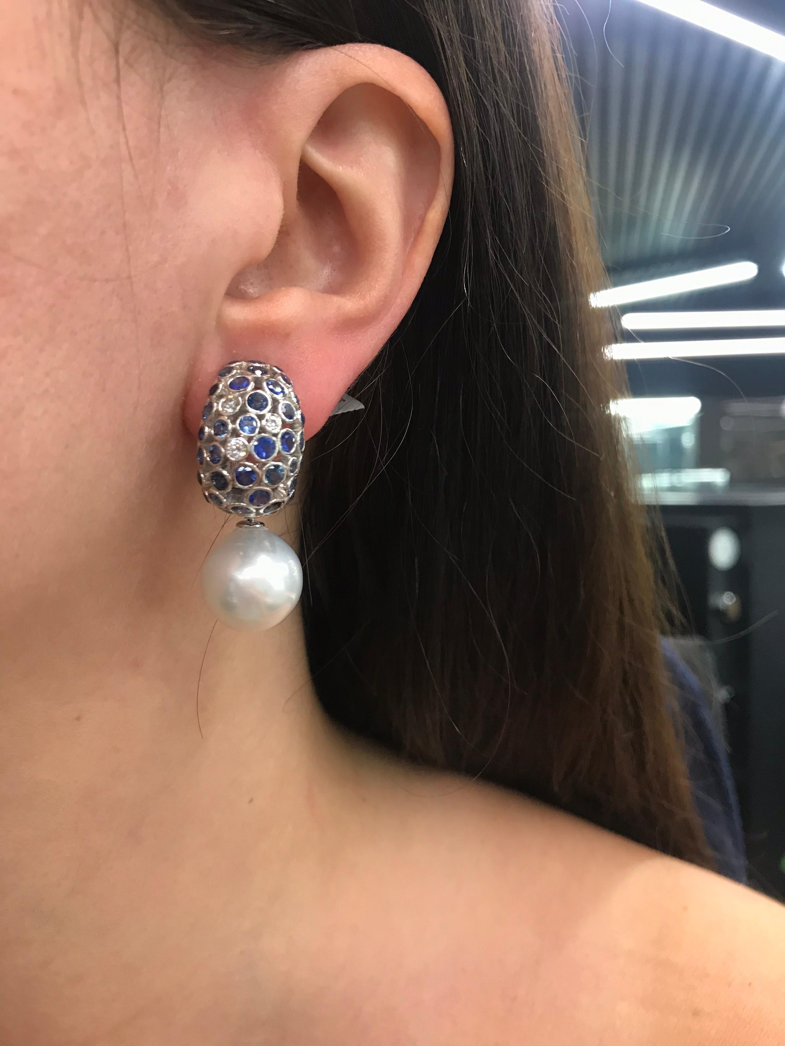 South Sea Pearl Diamond Sapphire Dome Drop Earrings 6.96 Carat 18K White Gold In New Condition For Sale In New York, NY