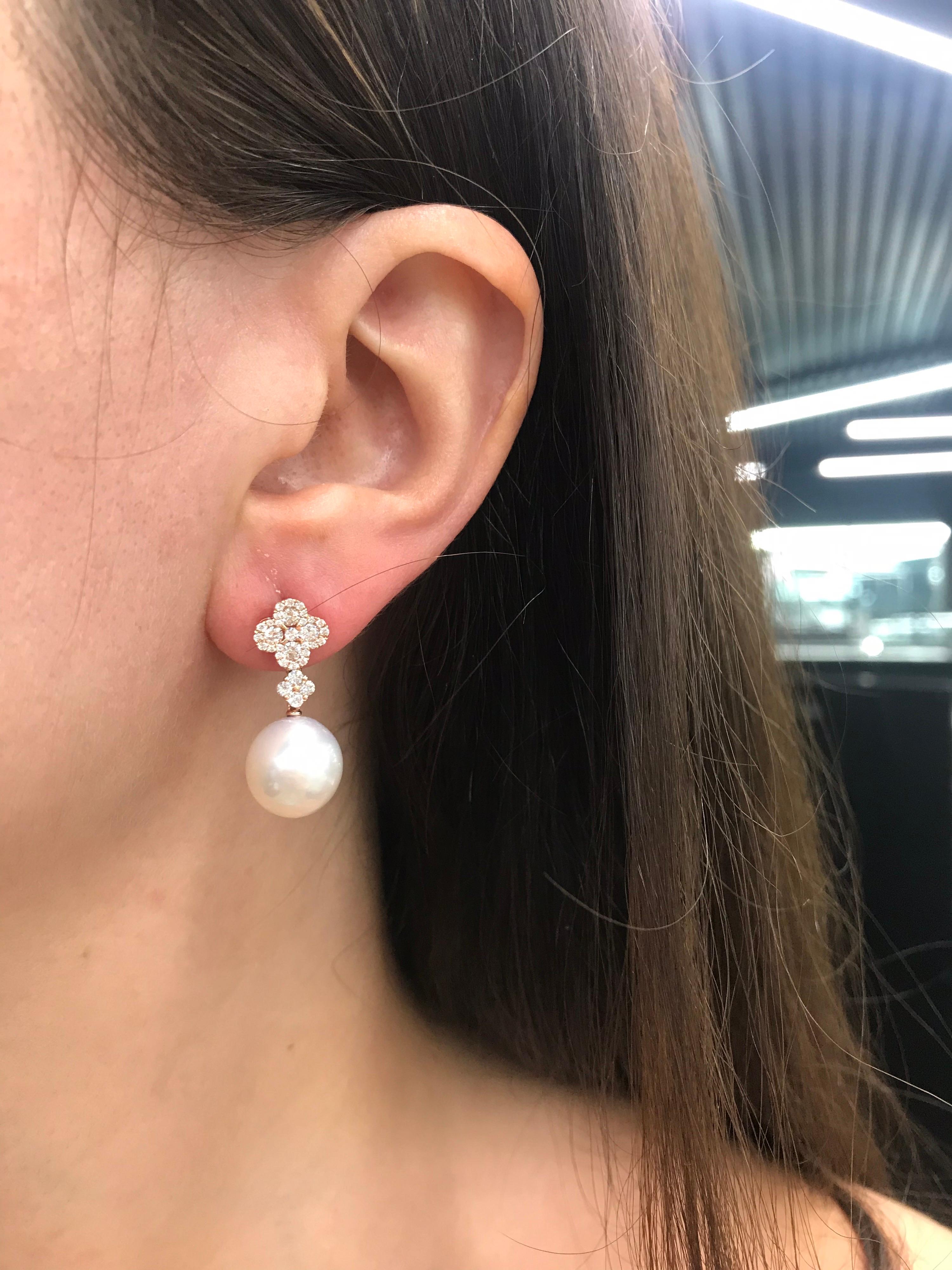 Diamond Cluster South Sea Pearl Drop Earrings 0.77 Carat 18 Karat Rose Gold For Sale 2