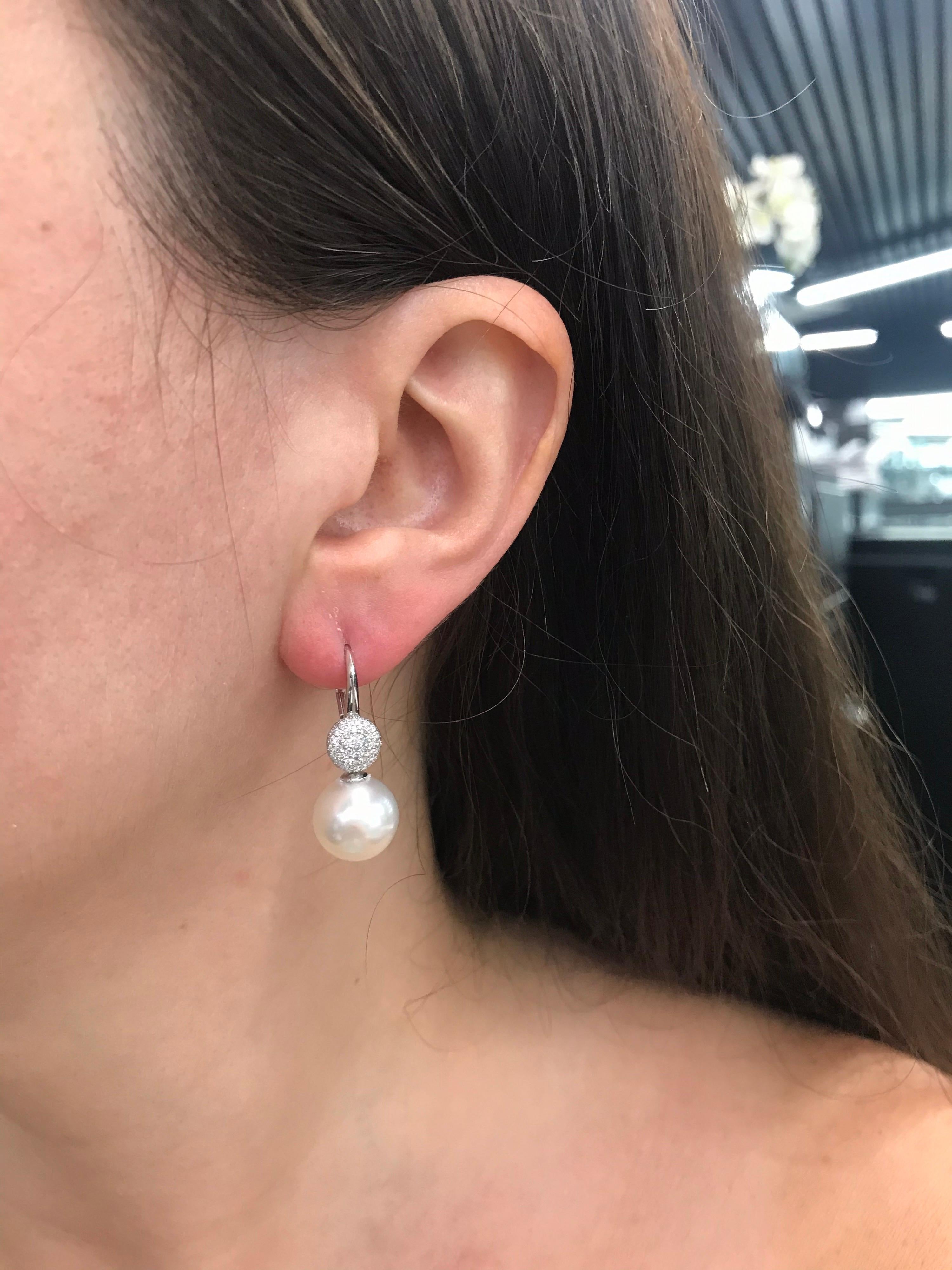 South Sea Pearl Diamond Drop Earrings 0.47 Carat 18 Karat White Gold For Sale 8