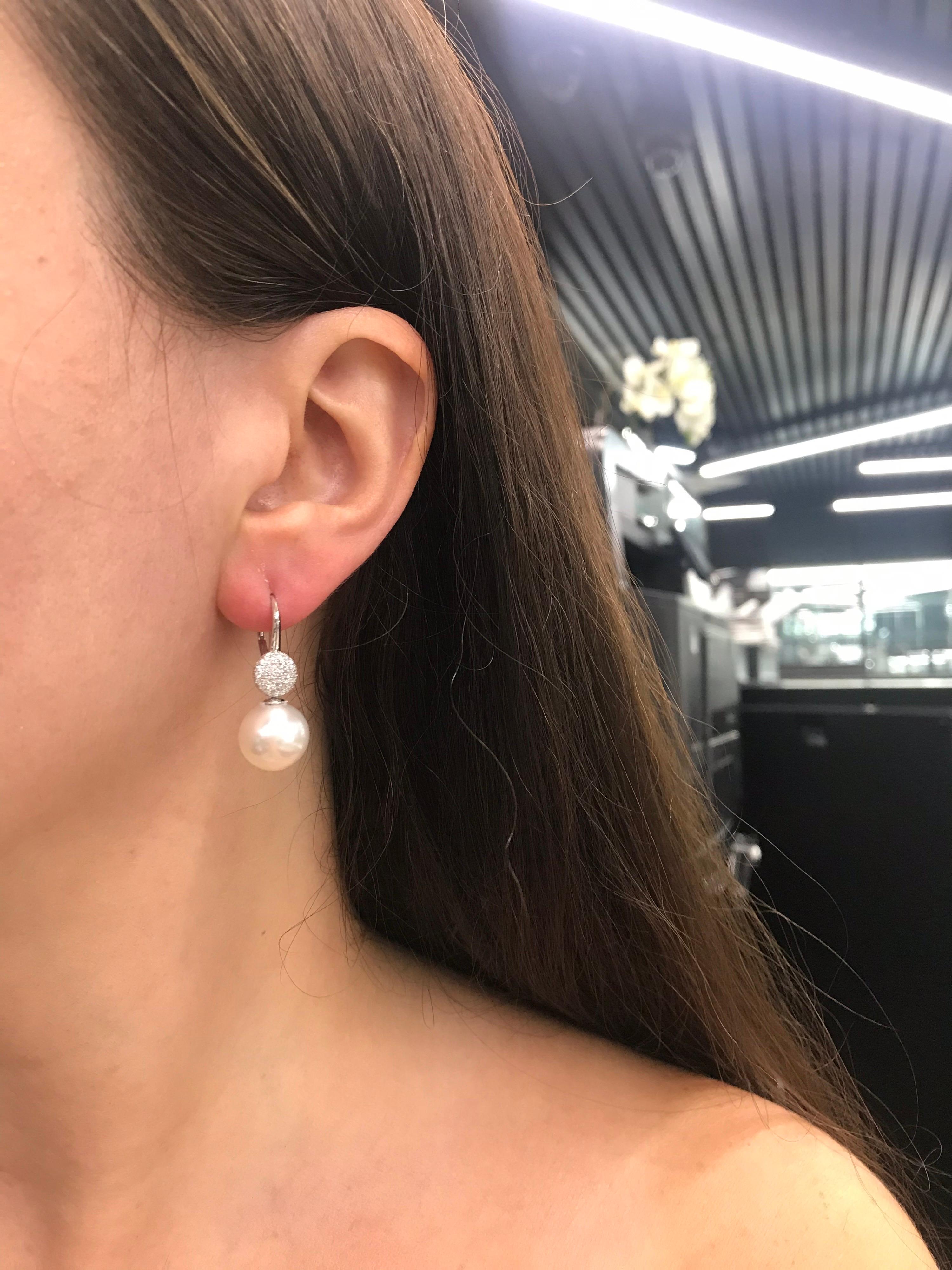 South Sea Pearl Diamond Drop Earrings 0.47 Carat 18 Karat White Gold For Sale 9