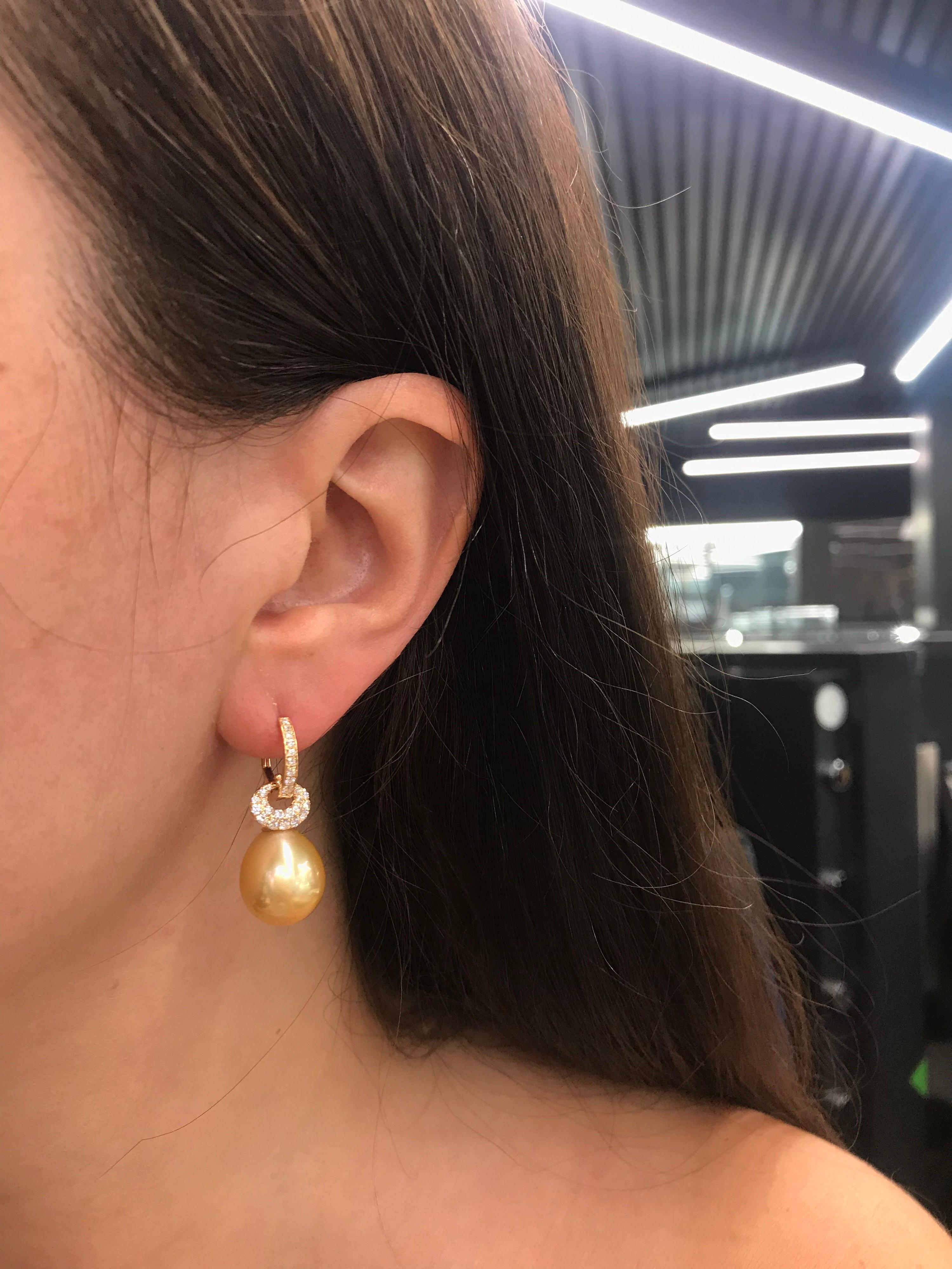 South Sea Golden Pearl Diamond Drop Earrings 0.57 Carat 18 Karat Yellow Gold For Sale 6