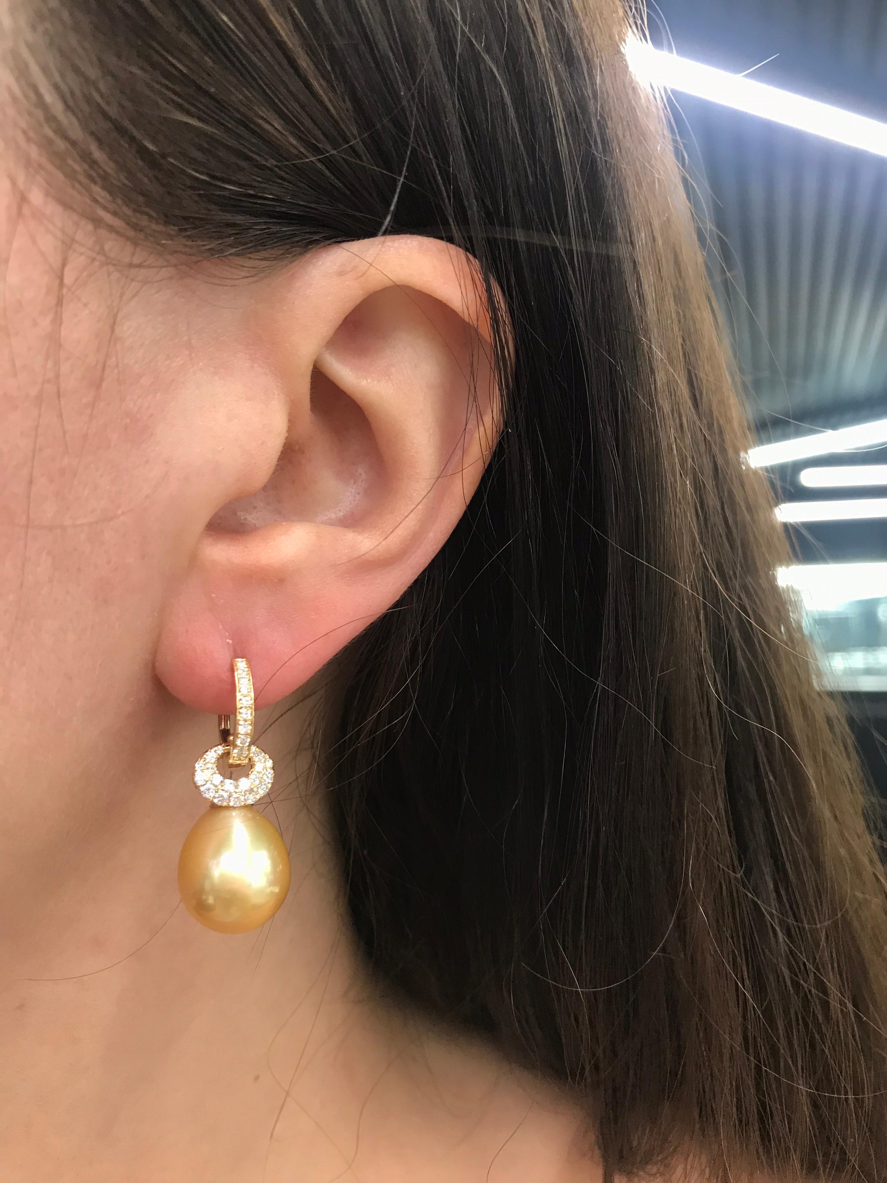 South Sea Golden Pearl Diamond Drop Earrings 0.57 Carat 18 Karat Yellow Gold For Sale 5