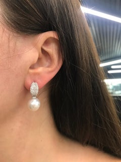 South Sea Pearl Diamond Drop Earrings 1.12 Carat 18 Karat White Gold