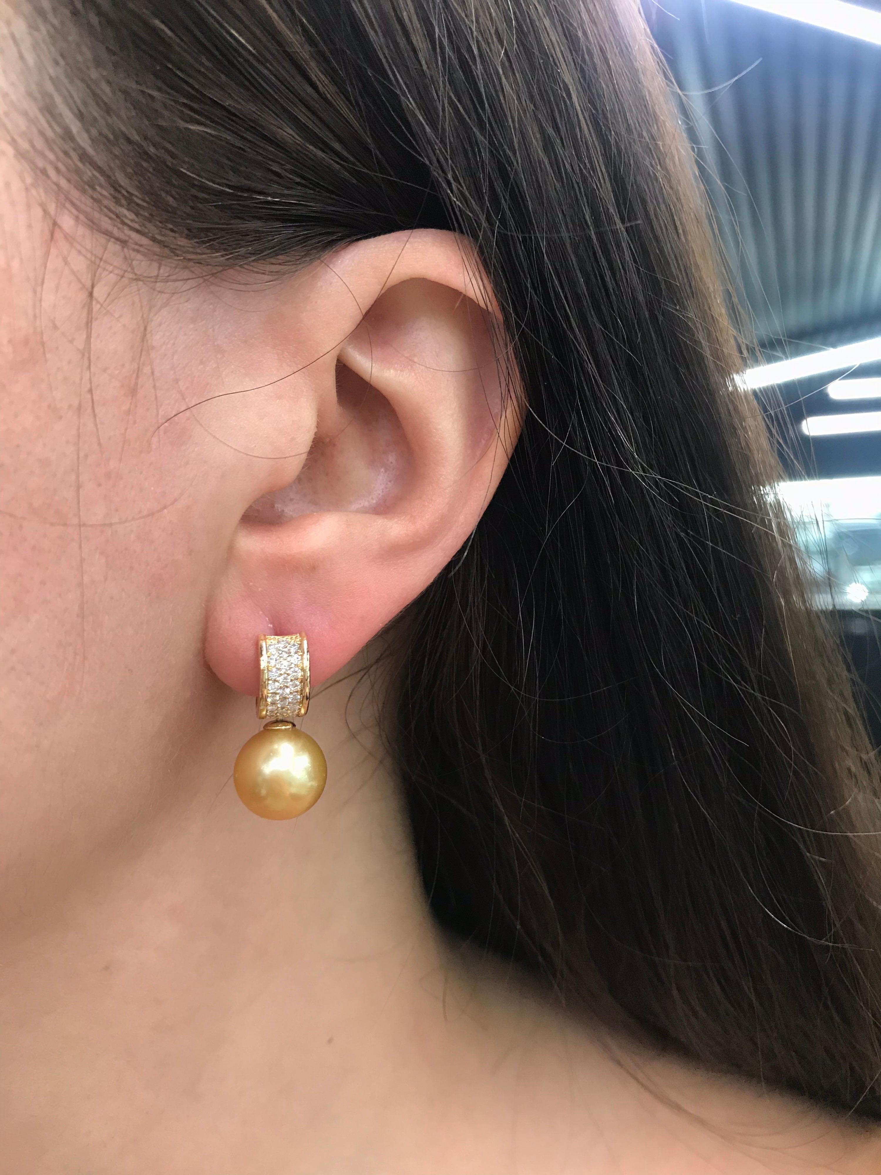 Golden South Sea Pearl Diamond Bar Drop Earrings 0.43 Carat 18 Karat Yellow Gold For Sale 6