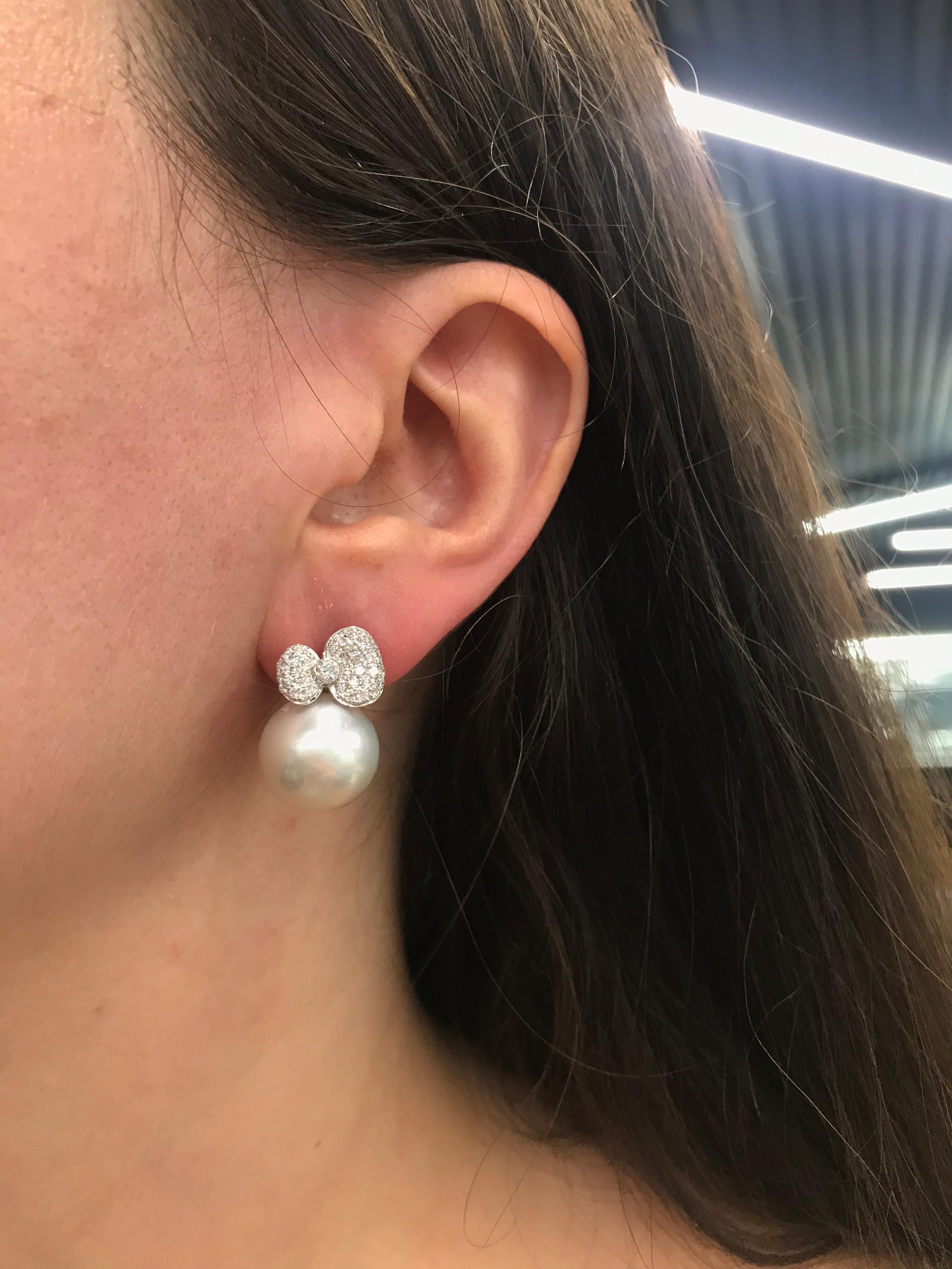 Women's South Sea Pearl Diamond Bow Drop Earrings 0.14 Carat 18 Karat White Gold For Sale
