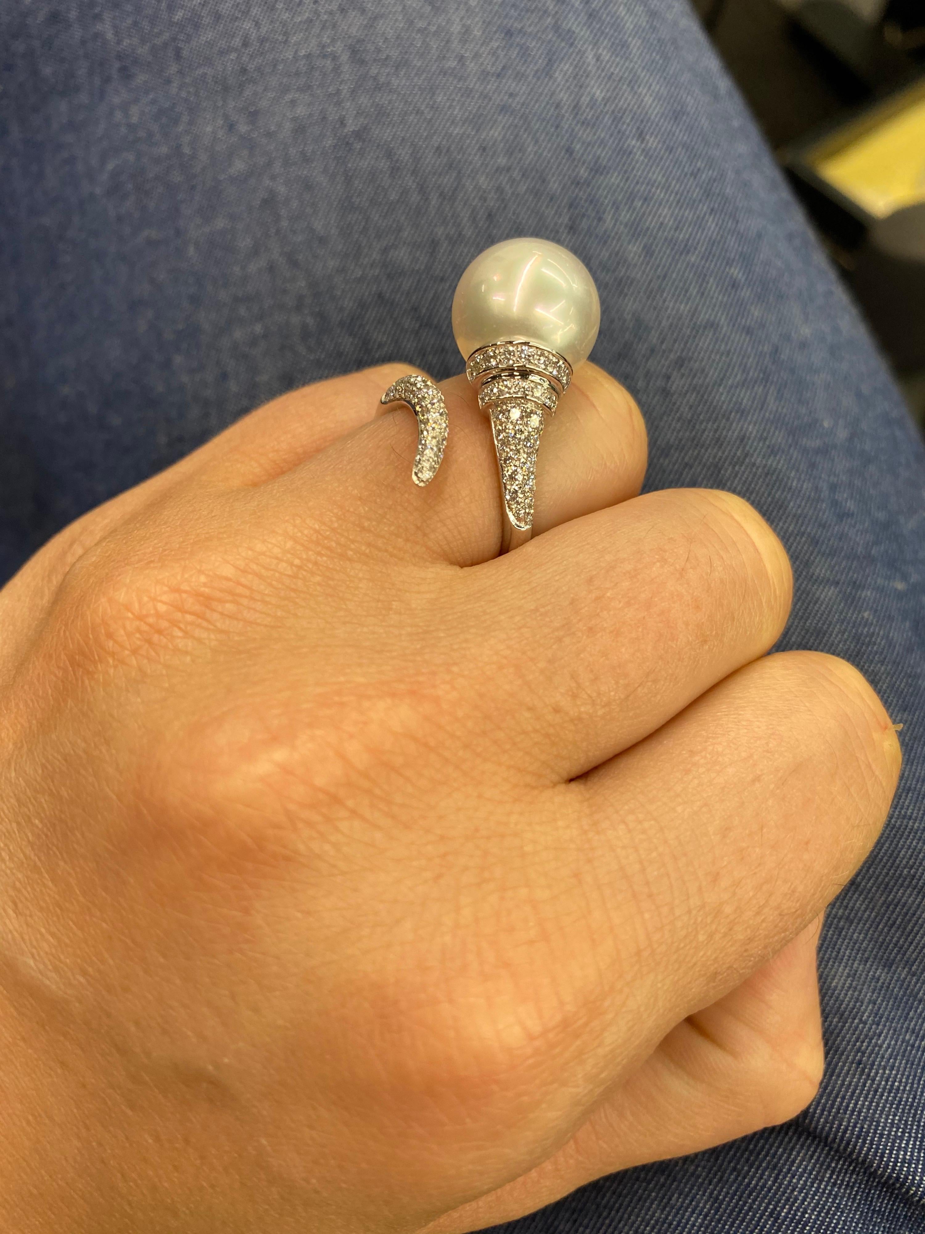 South Sea Pearl Diamond Nail Ring 0.79 Carat 18 Karat White Gold 13-14 MM For Sale 7