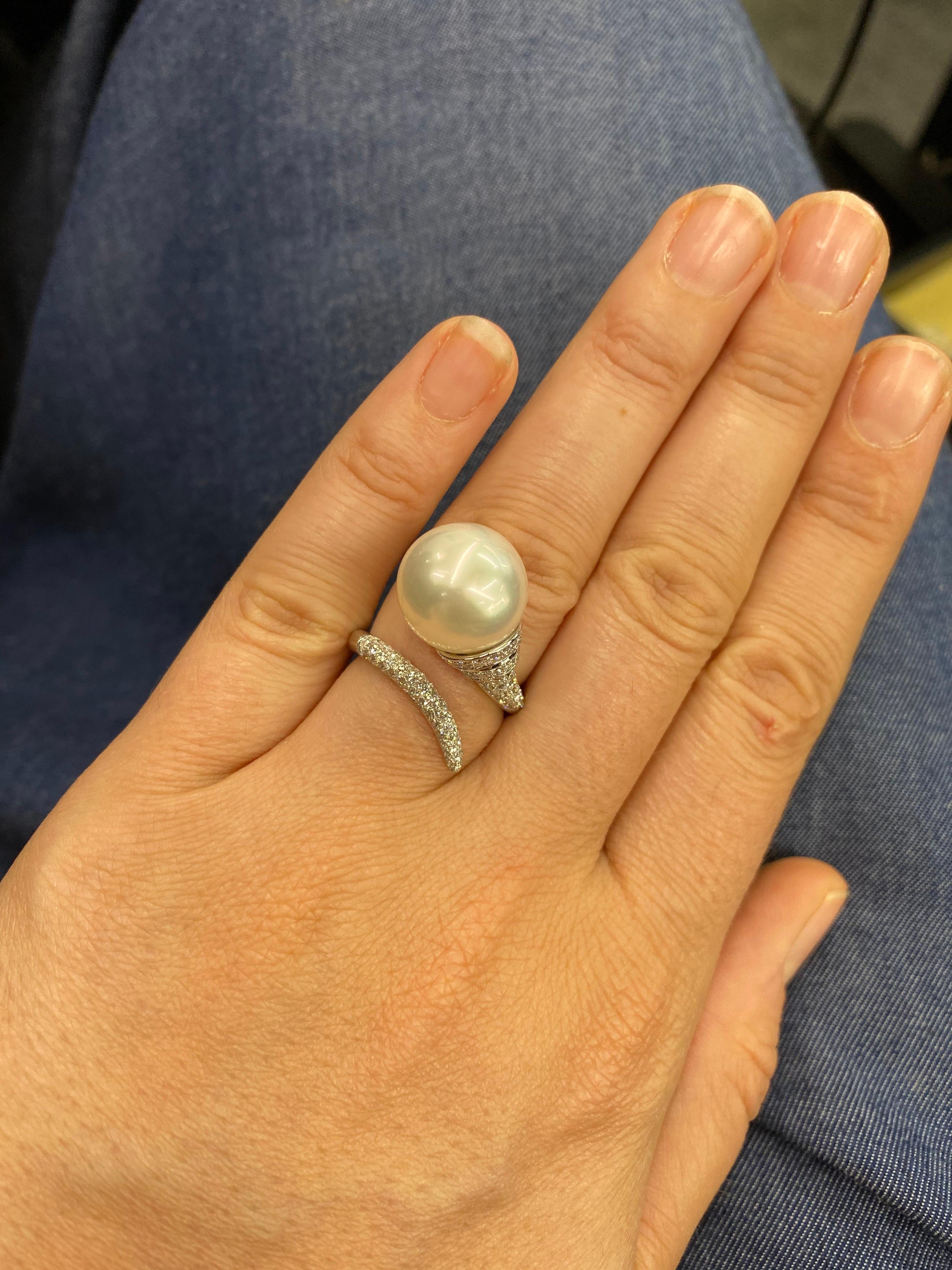 South Sea Pearl Diamond Nail Ring 0.79 Carat 18 Karat White Gold For Sale 5
