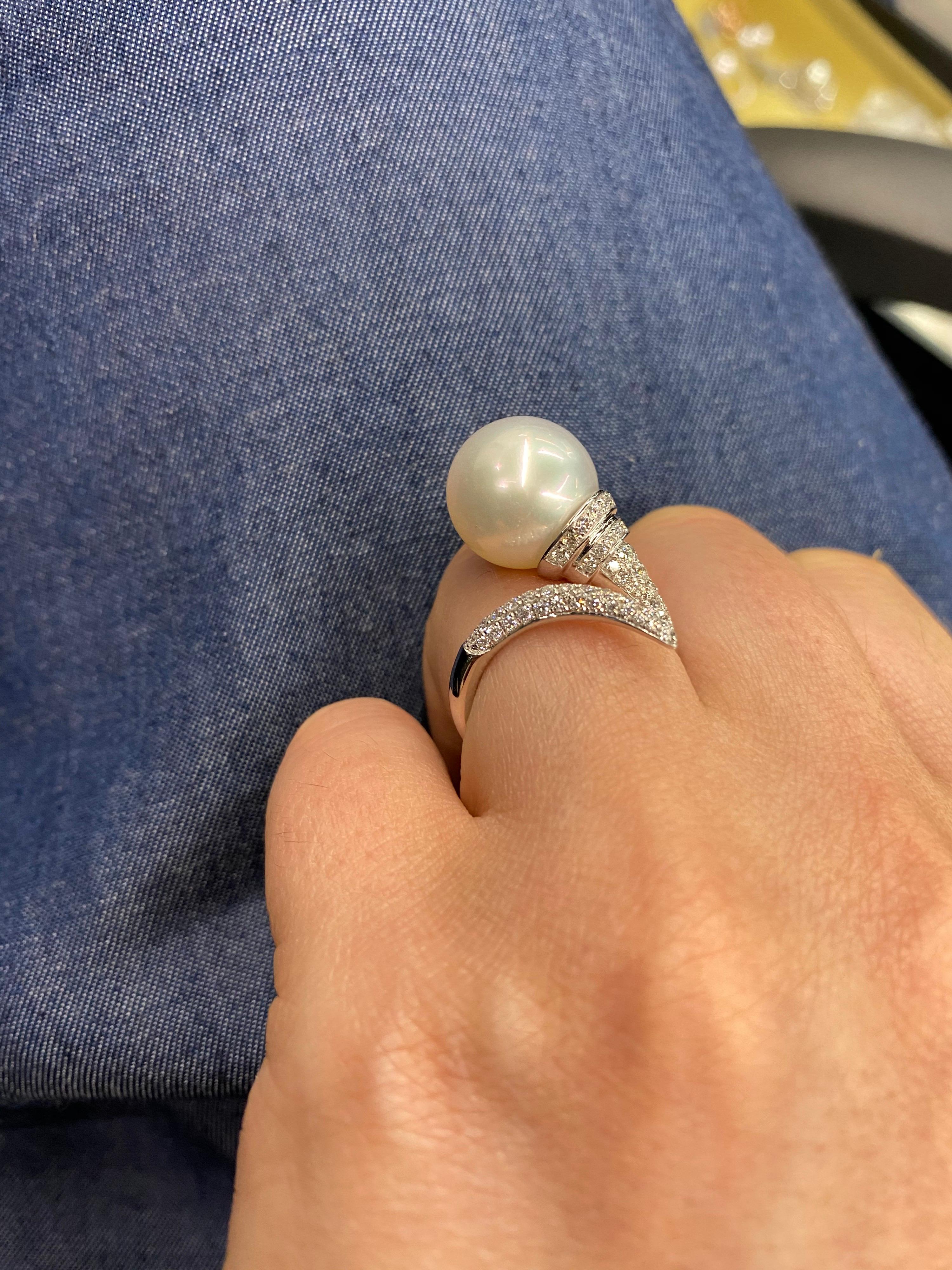 South Sea Pearl Diamond Nail Ring 0.79 Carat 18 Karat White Gold For Sale 8