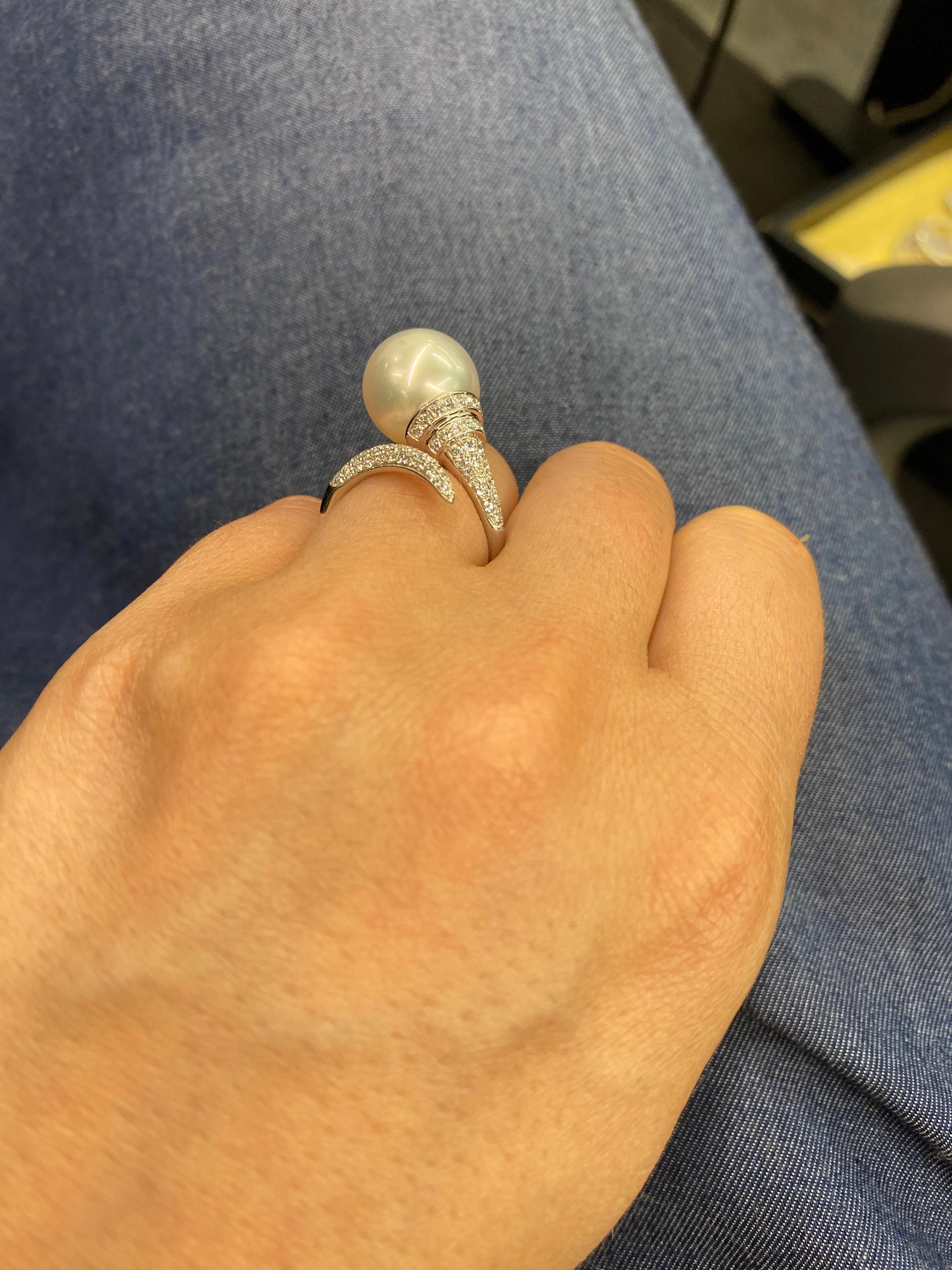 South Sea Pearl Diamond Nail Ring 0.79 Carat 18 Karat White Gold 13-14 MM For Sale 6