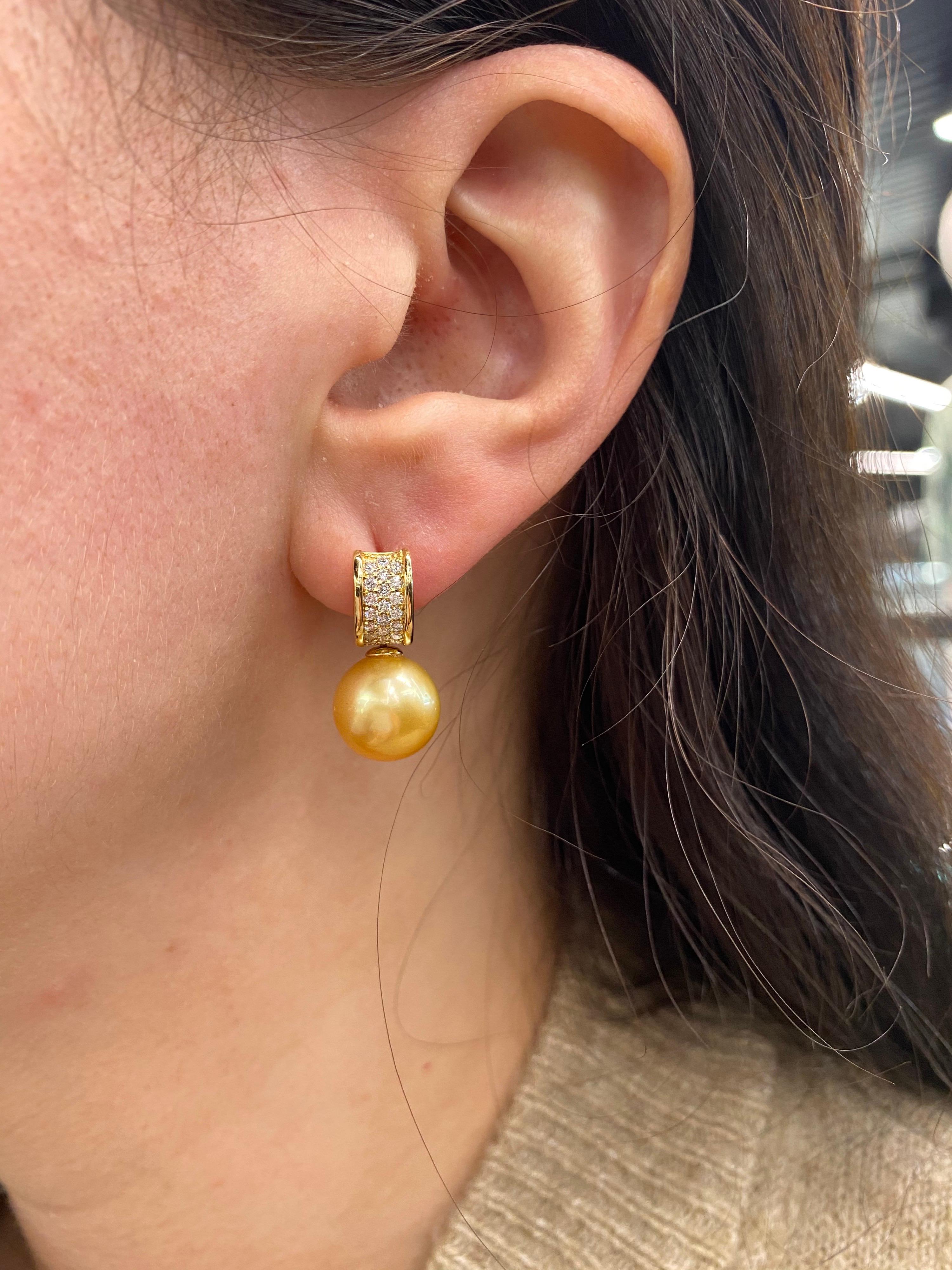Golden South Sea Pearl Diamond Bar Drop Earrings 0.43 Carat 18 Karat Yellow Gold For Sale 8