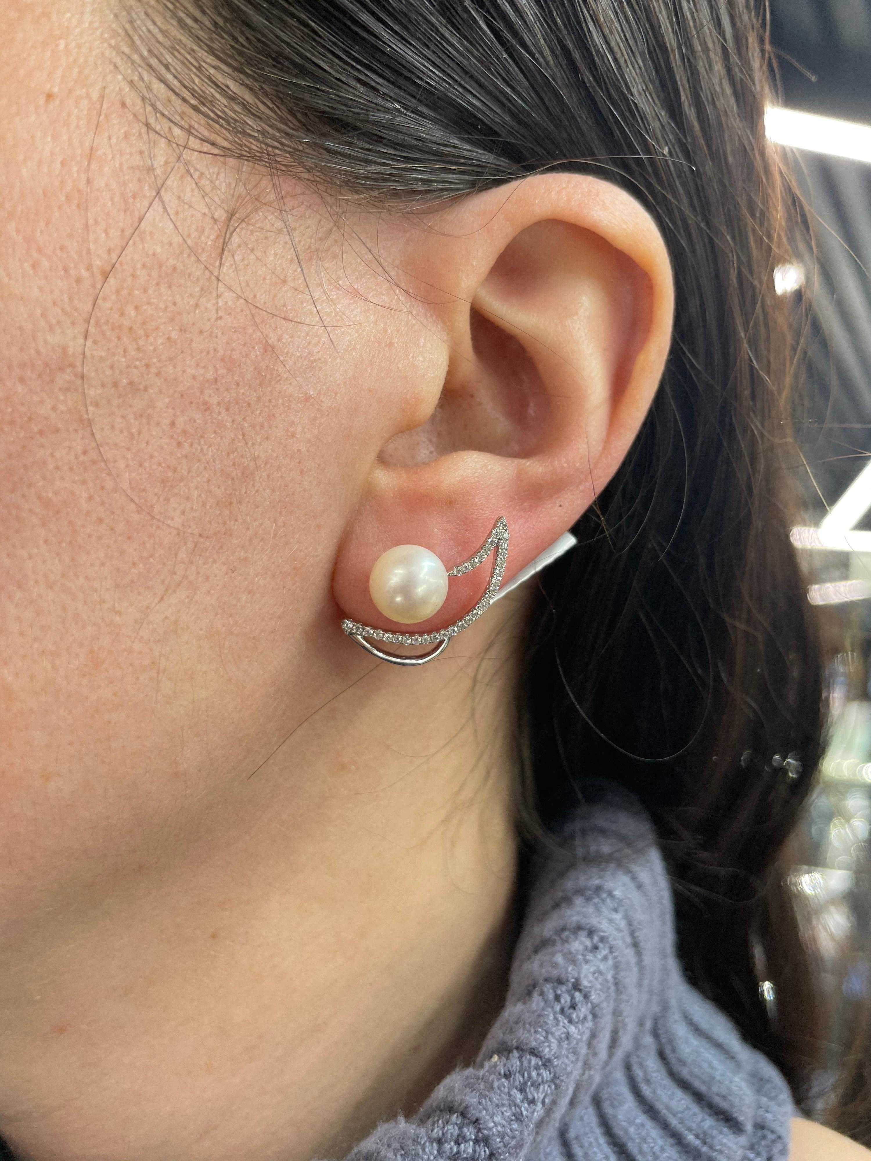 Women's HARBOR D. White Freshwater Pearl Diamond Earrings Climbers 0.36 Carat  For Sale