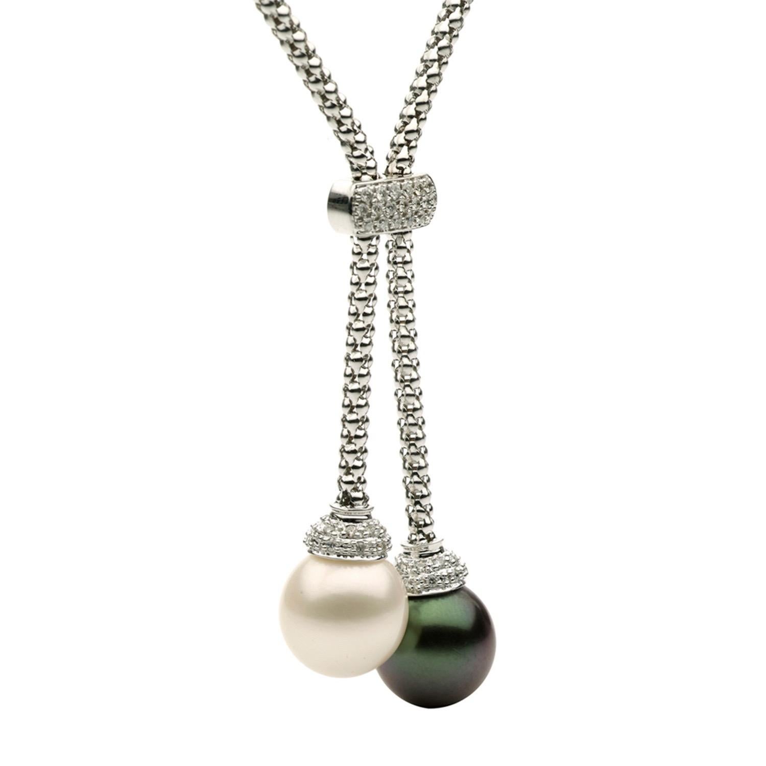 Round Cut South Sea and Tahitian Pearl Diamond Tassel Gold Pendant Necklace 0.27 For Sale