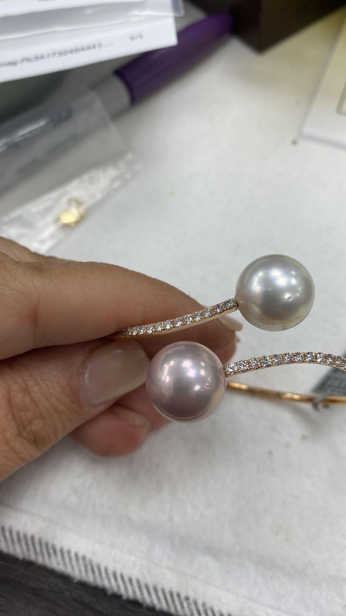 Women's South Sea Pearl Diamond Bypass Bangle Bracelet 1.03 Carats 18K Rose Gold For Sale