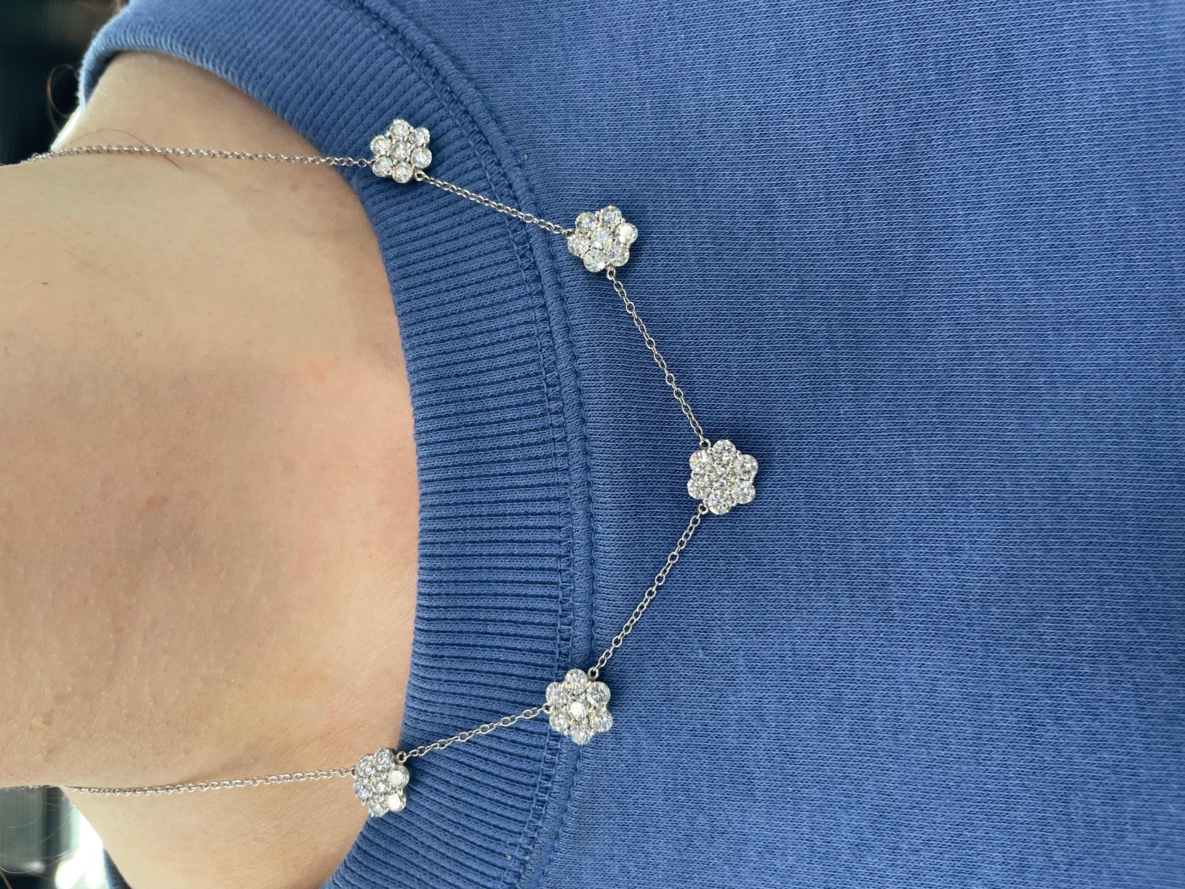 Diamond Cluster Floral Necklace 5.25 Carat 18K White Gold  In New Condition In New York, NY