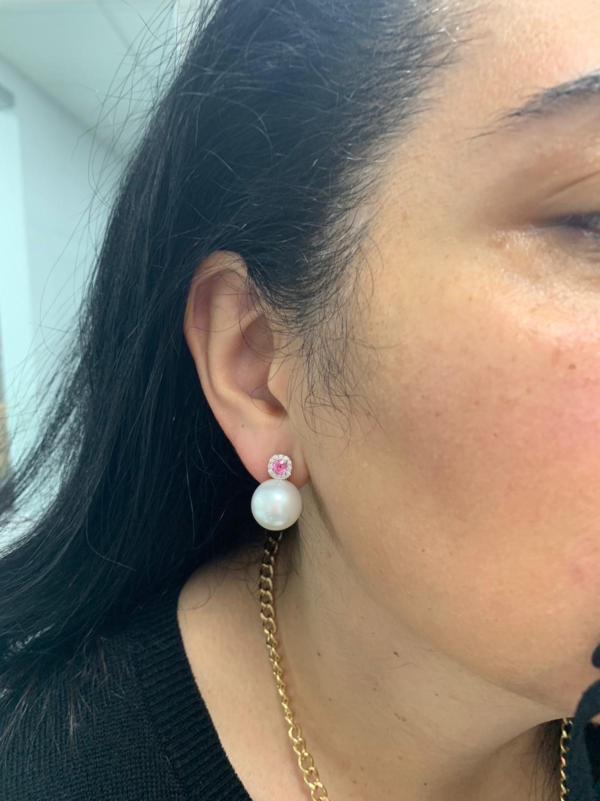Pink Freshwater Pearl with Pink Sapphire and Diamonds Drop Earrings In New Condition In New York, NY