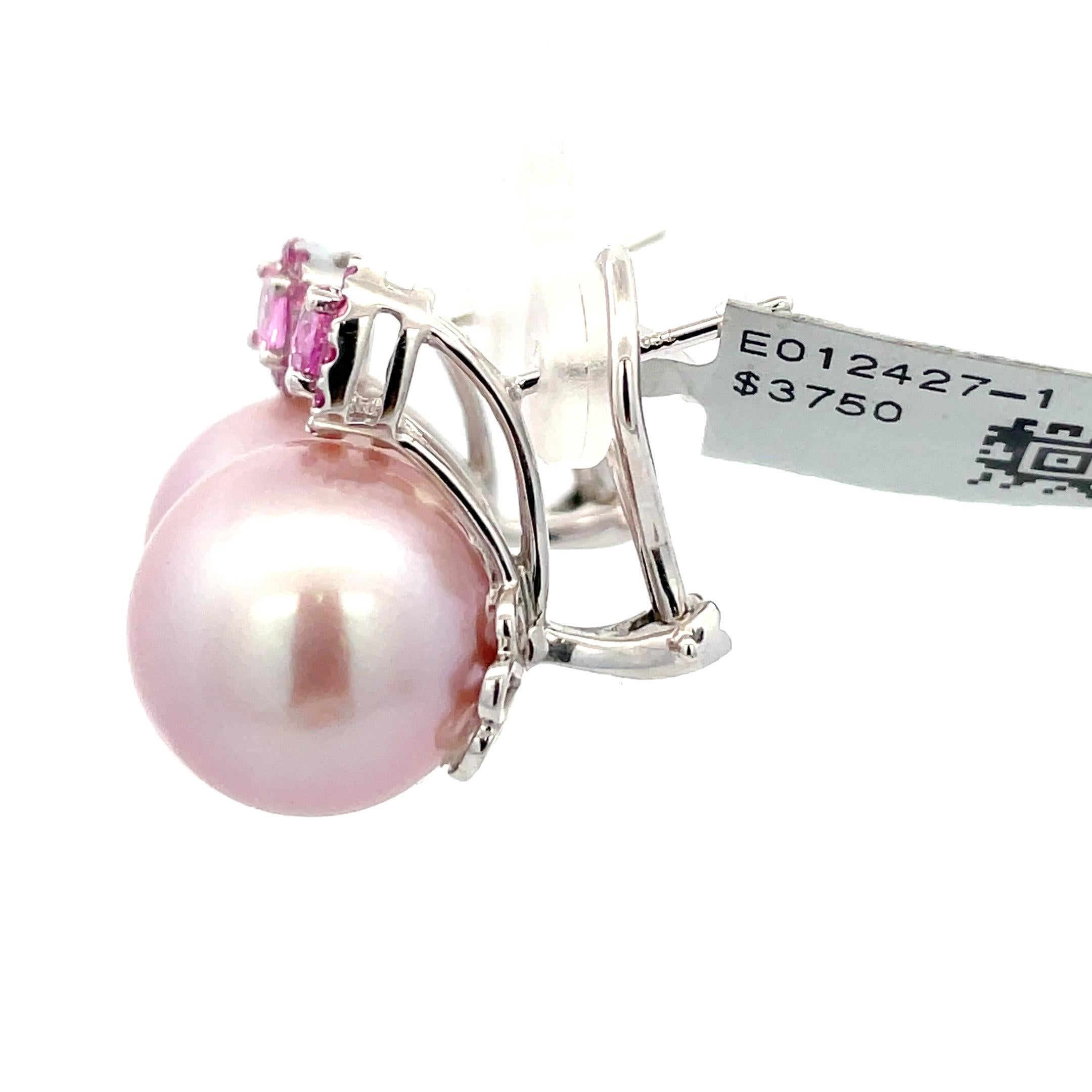 Pink Freshwater Pearl and Pink Sapphire Drop Earrings 14-15 MM 0.80 Carats For Sale 4