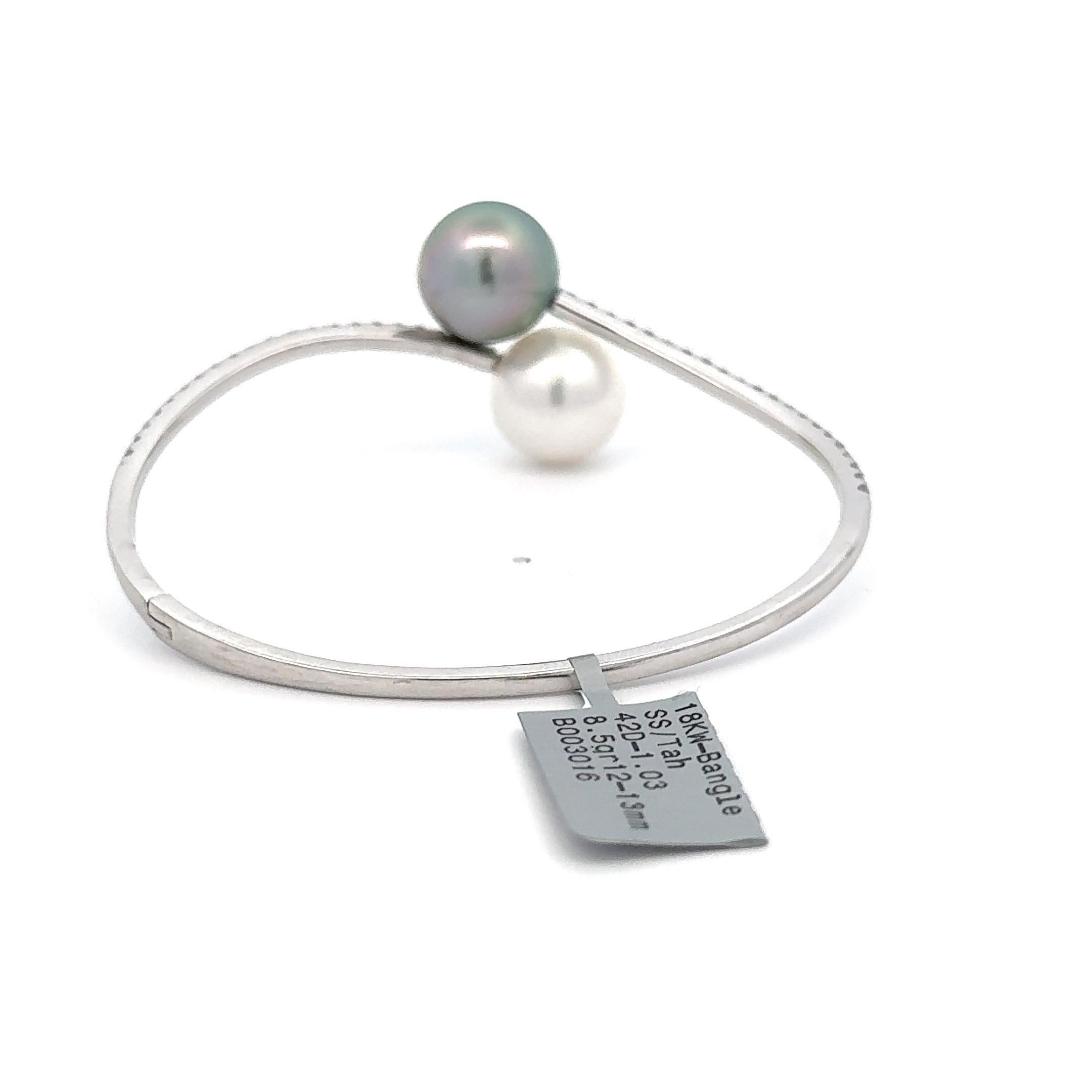 South Sea Pearl & Tahitian Diamond Bypass Bangle Bracelet 1.03 CTTW 12-13MM 18KT For Sale 1