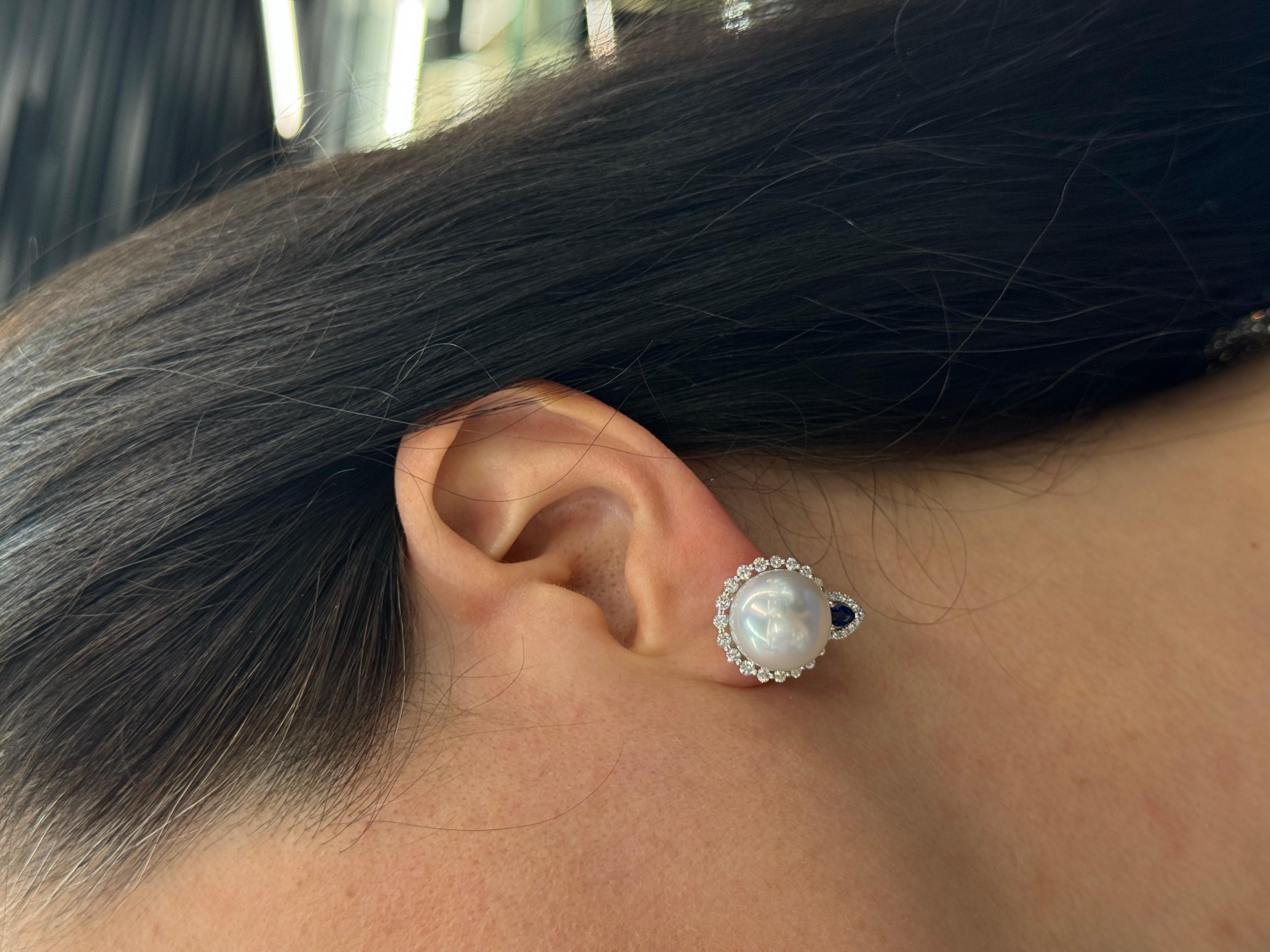 Women's South Sea Pearl and Diamond with Sapphire Accent Studs Earrings For Sale