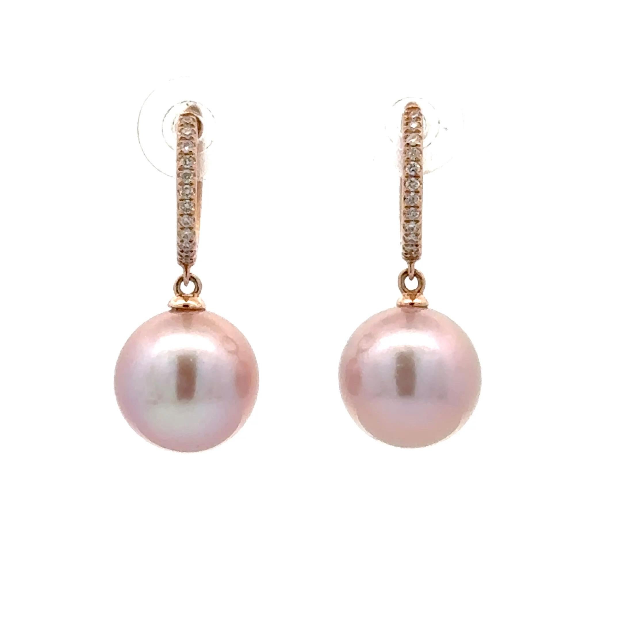 Pink Freshwater Cultured Pearl Diamond Drop Earrings 0.11 Carats 14K Pink Gold For Sale 1