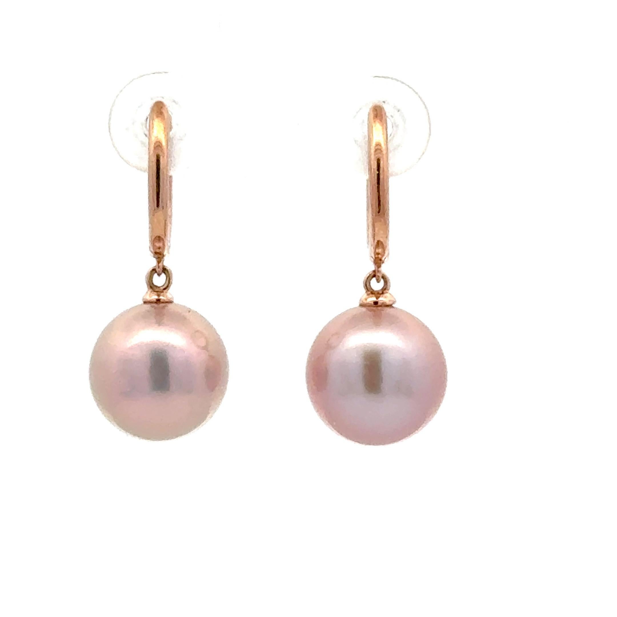Women's Pink Freshwater Cultured Pearl Diamond Drop Earrings 0.11 Carats 14K Pink Gold For Sale