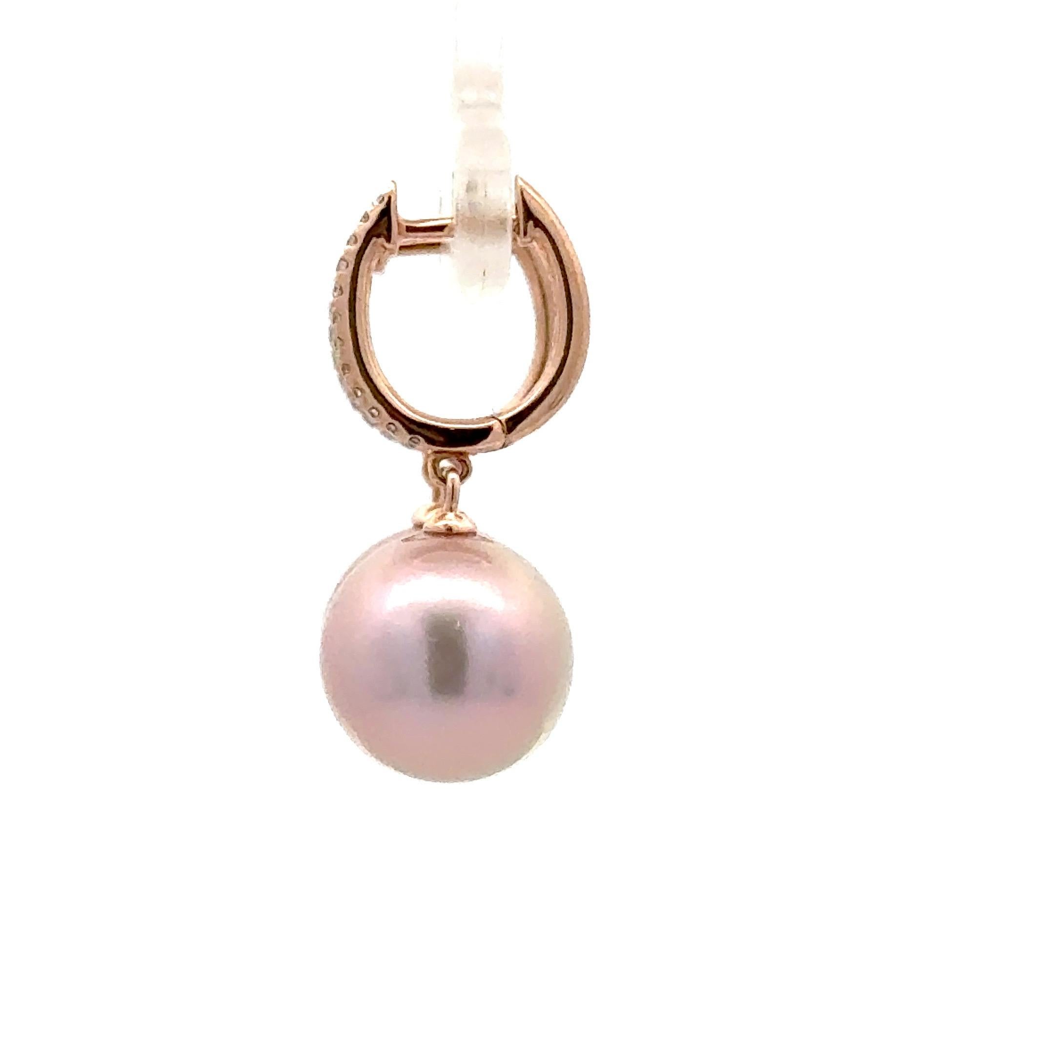 Pink Freshwater Cultured Pearl Diamond Drop Earrings 0.11 Carats 14K Pink Gold For Sale 2