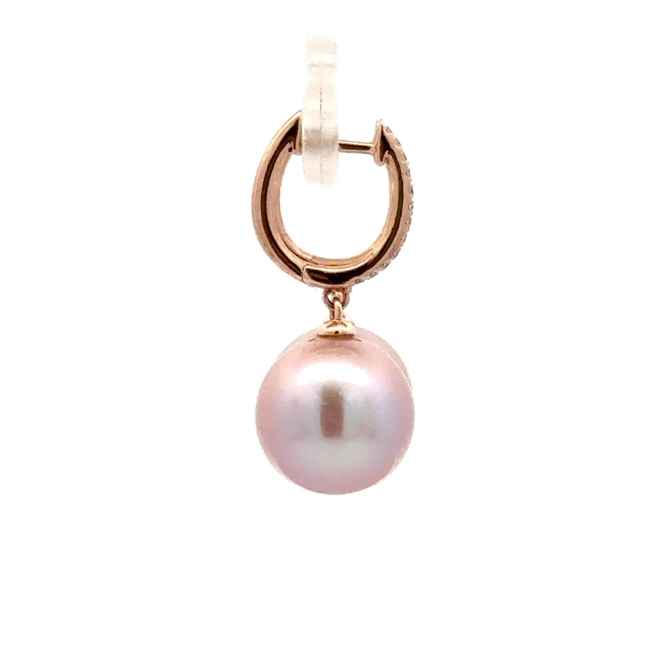 Pink Freshwater Cultured Pearl Diamond Drop Earrings 0.11 Carats 14K Pink Gold For Sale 3