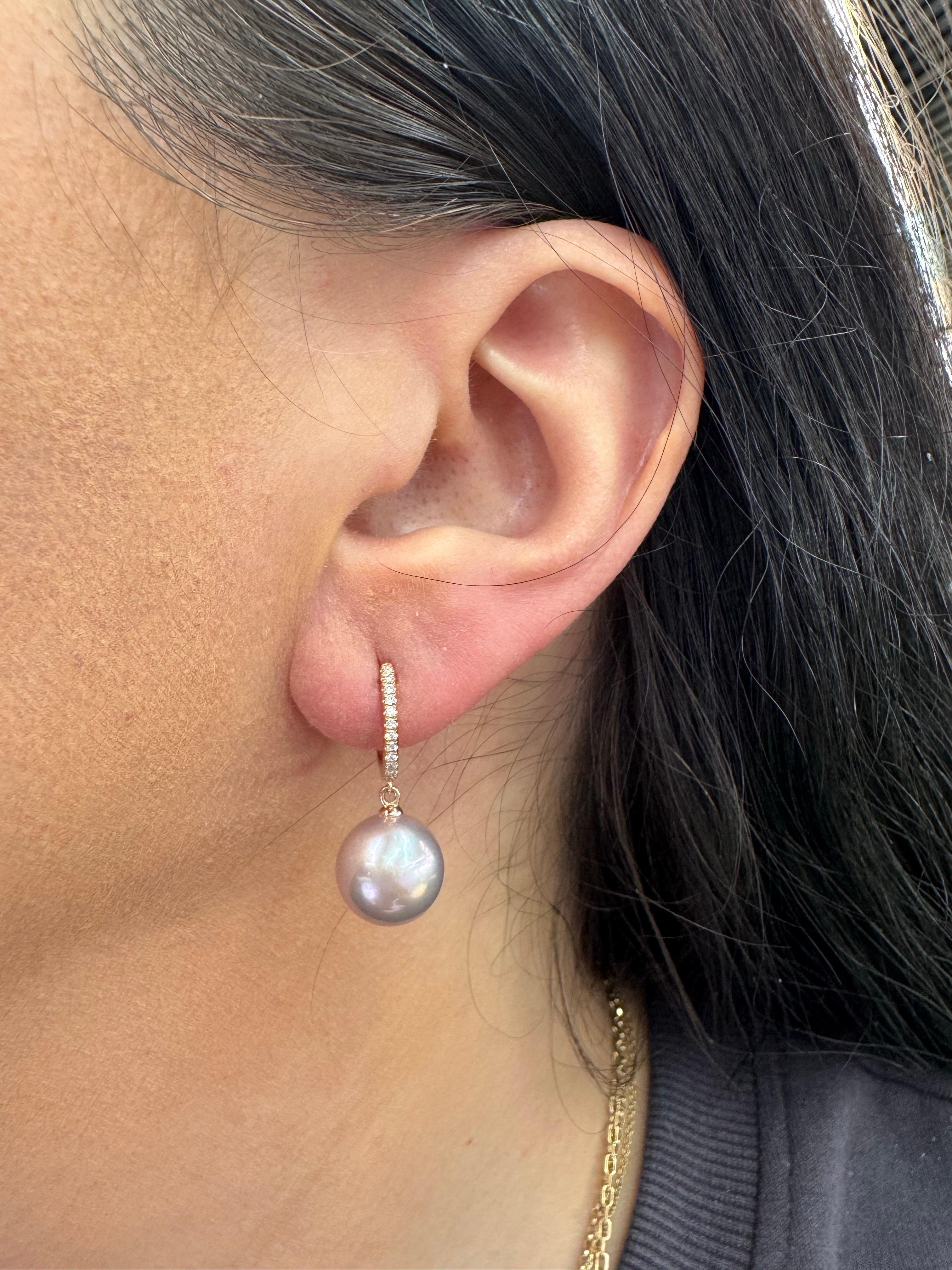 Pink Freshwater Cultured Pearl Diamond Drop Earrings 0.11 Carats 14K Pink Gold For Sale 5