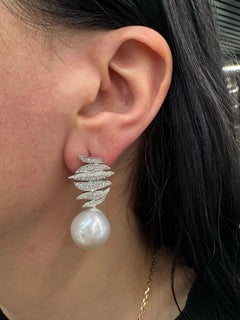 South Sea Baroque Pearl Diamond Drop Earrings 0.96 Carats 18KT White Gold 14 MM