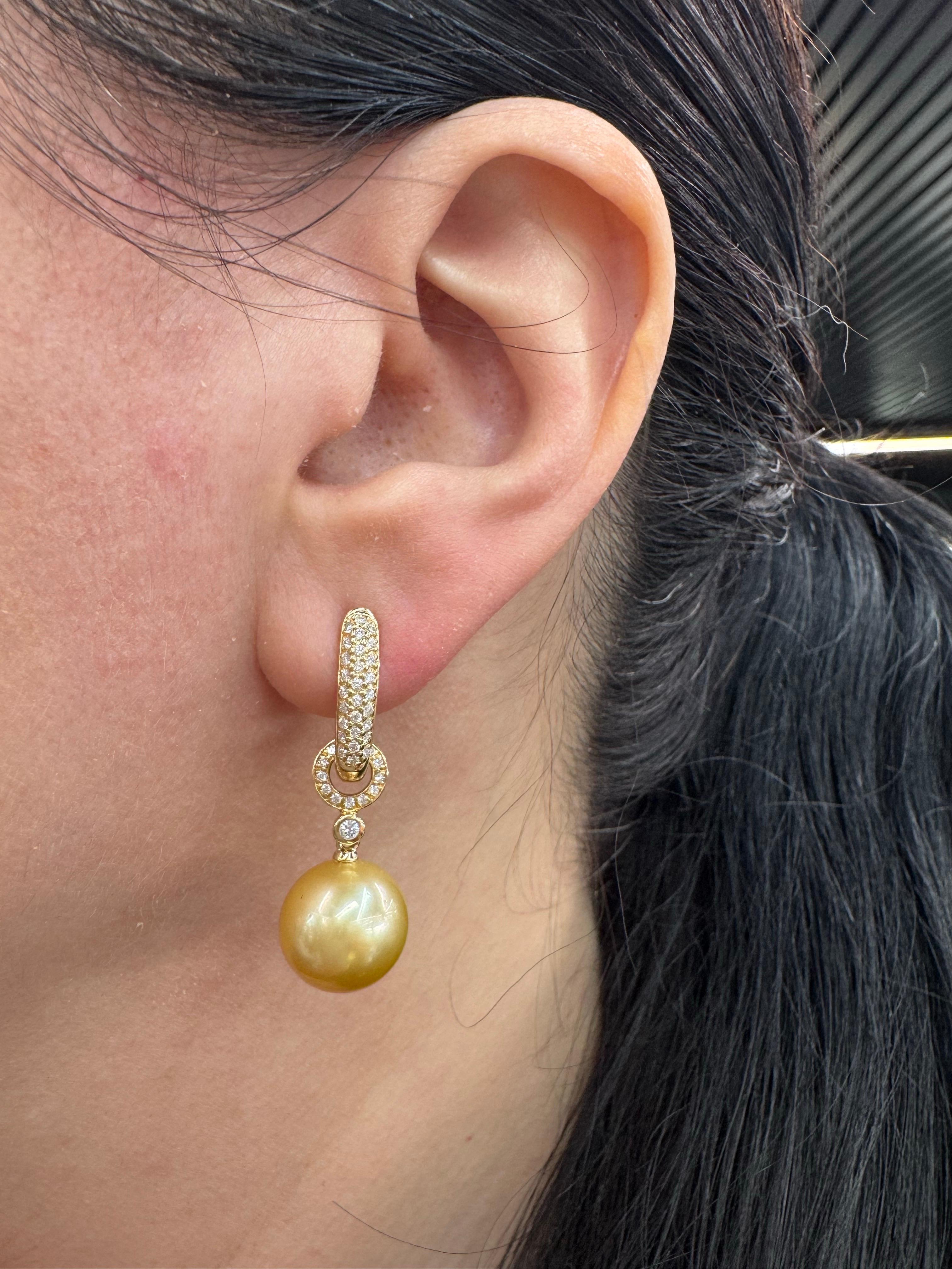 Women's Day & Night Golden South Sea Pearl Diamond Drop Hoop Earrings 0.53 Carats 18KT For Sale