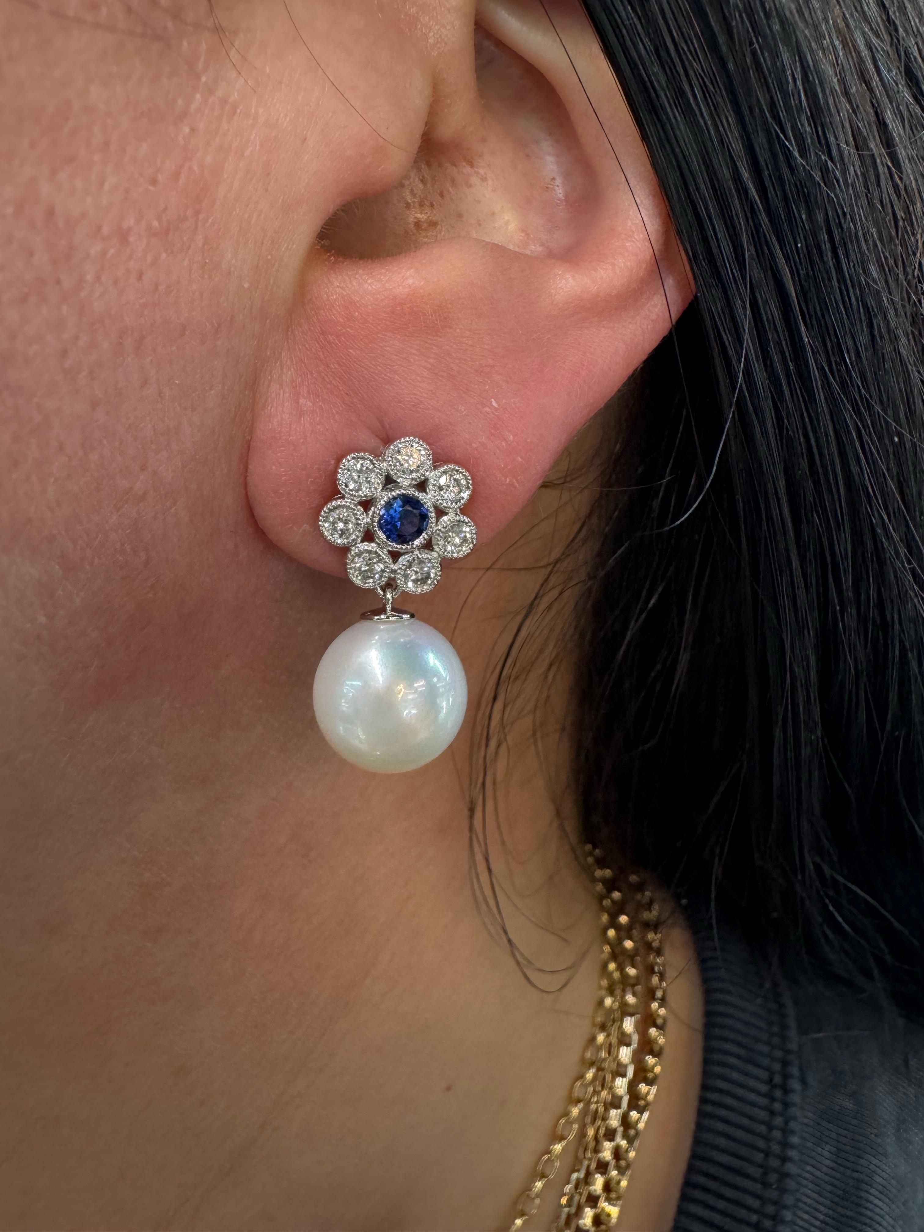 Round Cut Diamond Sapphire Freshwater Pearl Drop Earrings 1.10 CTTW 14KT Gold 10-11 MM For Sale