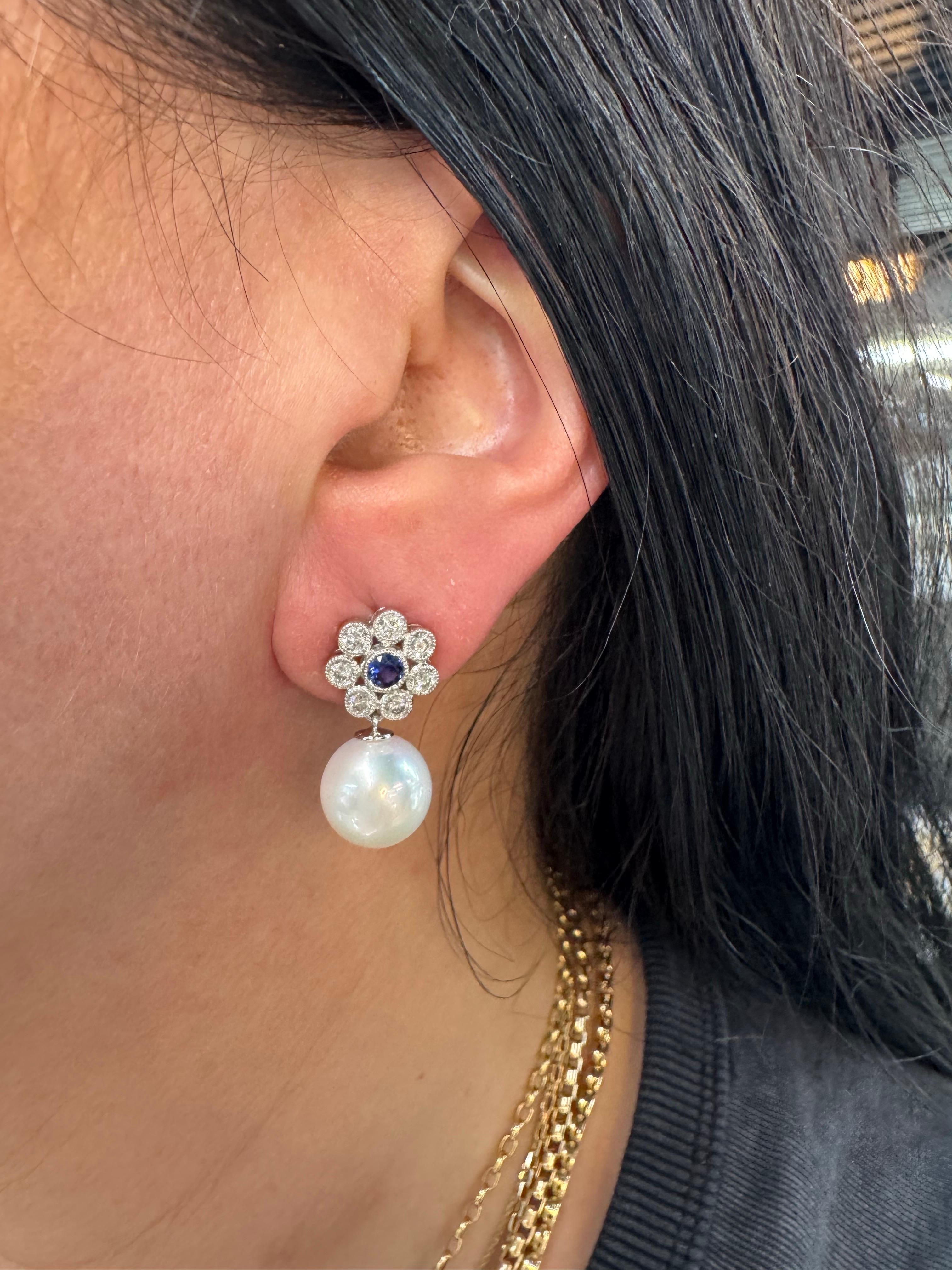 Contemporary Diamond Sapphire Freshwater Pearl Drop Earrings 1.10 CTTW 14KT Gold 10-11 MM For Sale