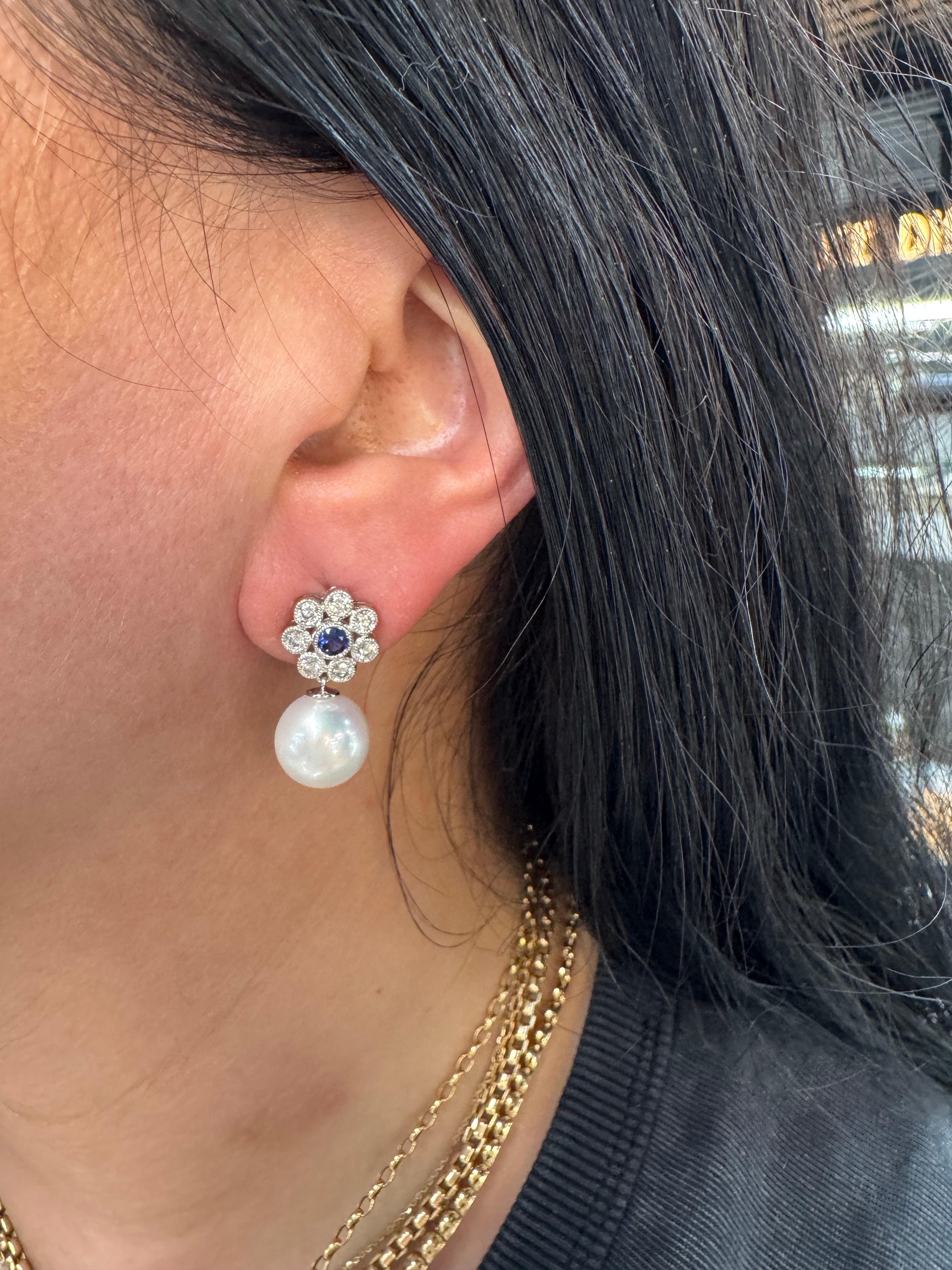 Women's Diamond Sapphire Freshwater Pearl Drop Earrings 1.10 CTTW 14KT Gold 10-11 MM For Sale