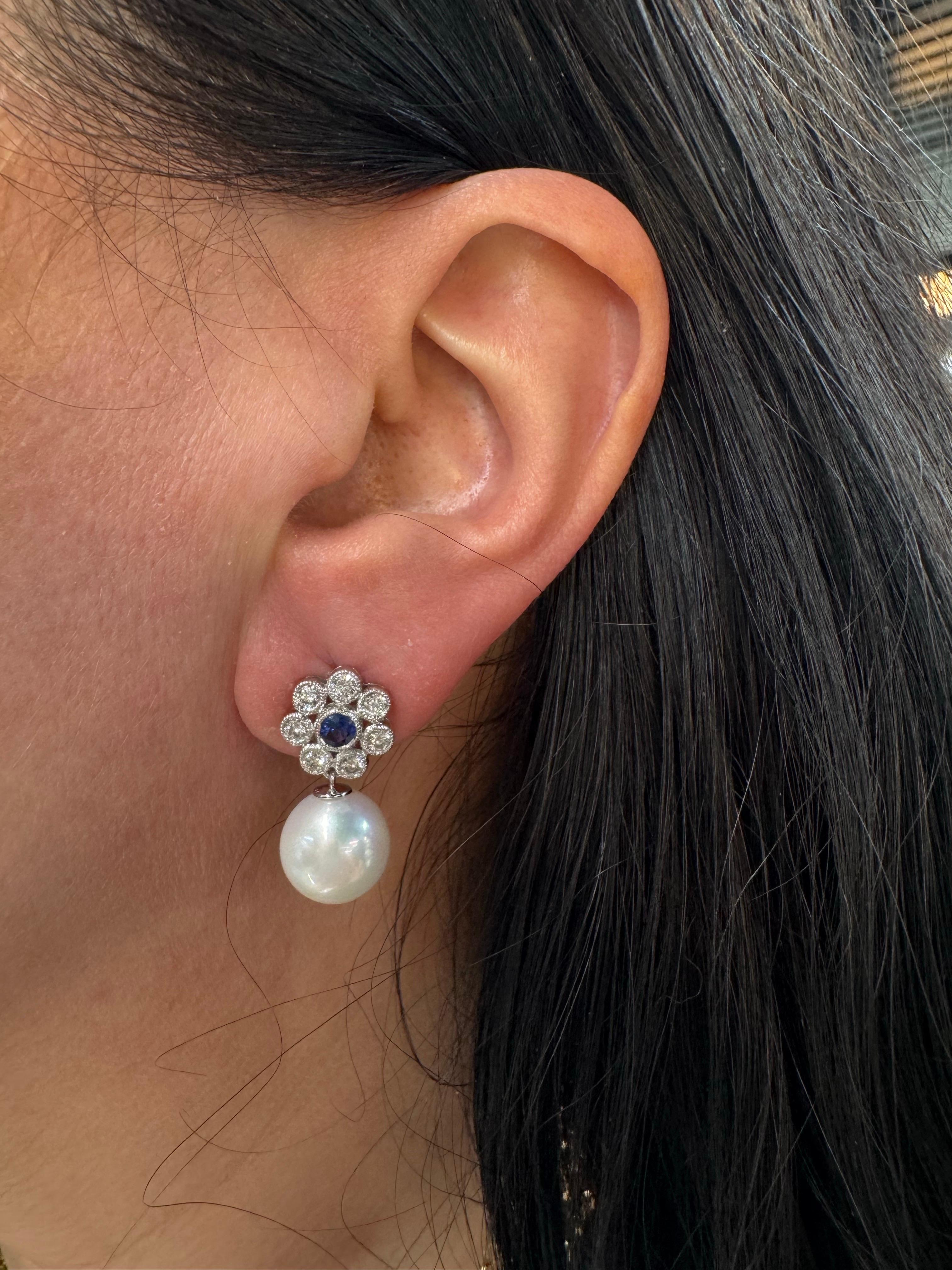 Diamond Sapphire Freshwater Pearl Drop Earrings 1.10 CTTW 14KT Gold 10-11 MM In New Condition For Sale In New York, NY