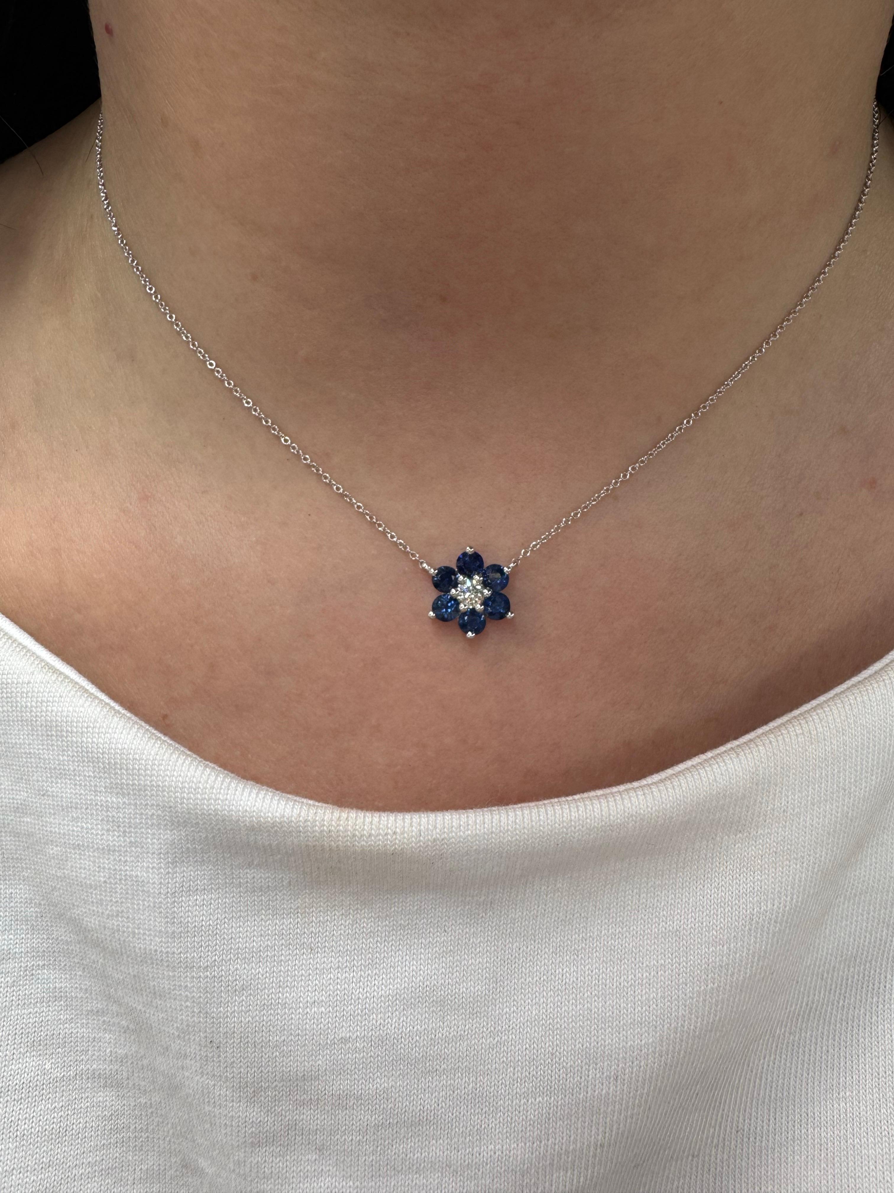 Saphir-Diamant-Cluster-Blumen-Anhänger-Halskette 1,38 CTTW 14 Karat Weißgold im Zustand „Neu“ im Angebot in New York, NY