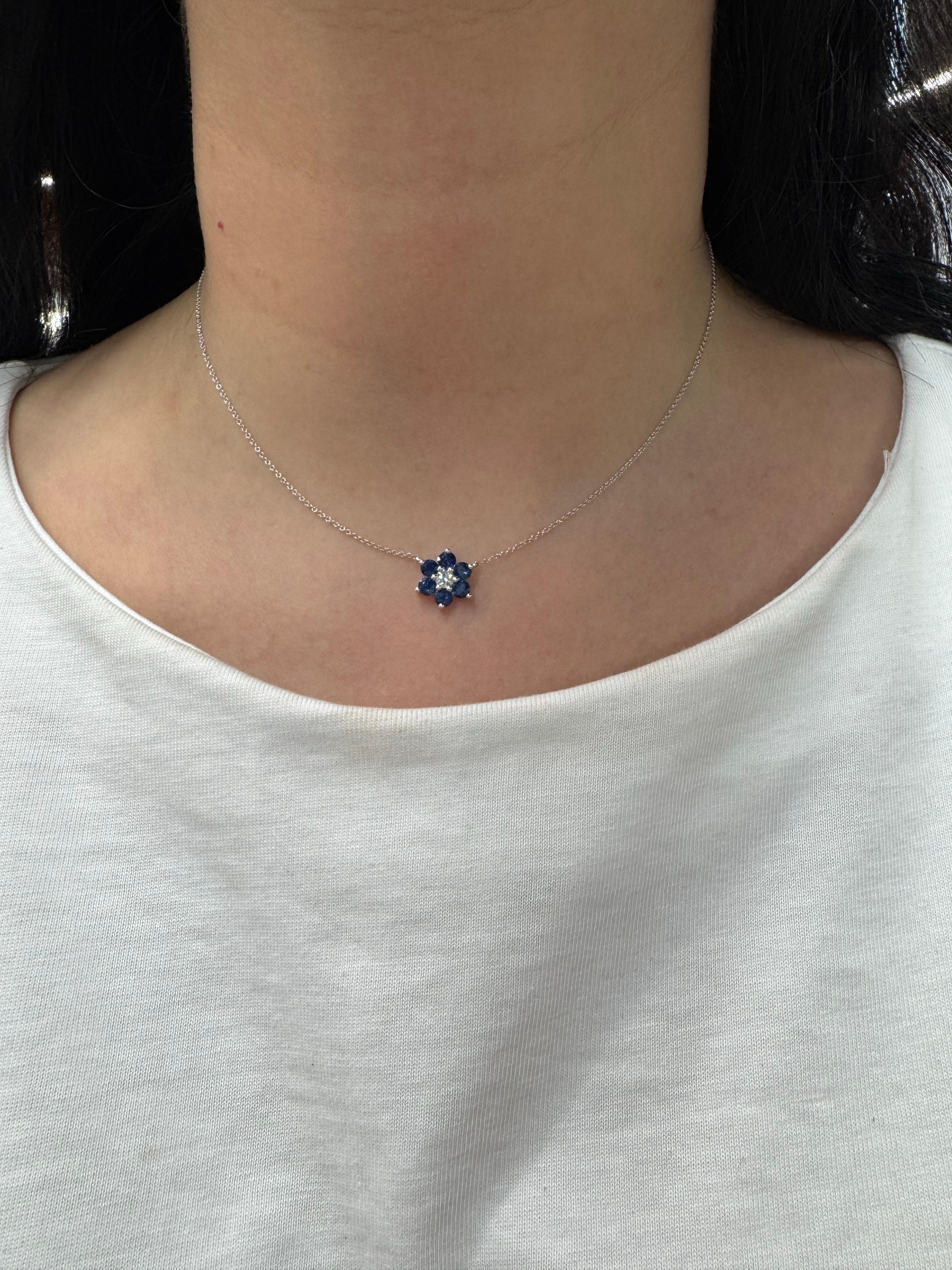 Saphir-Diamant-Cluster-Blumen-Anhänger-Halskette 1,38 CTTW 14 Karat Weißgold (Rundschliff) im Angebot