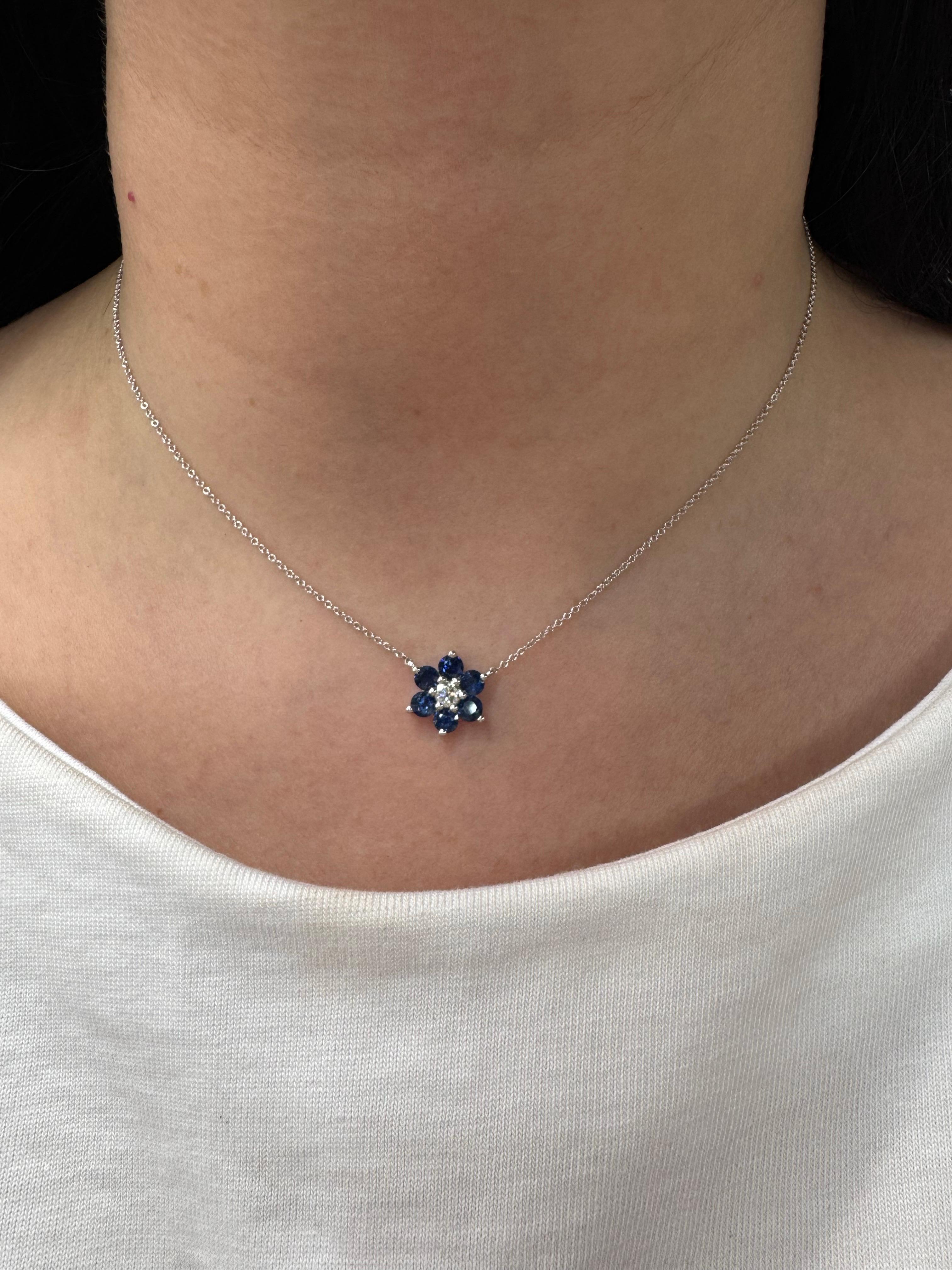 Saphir-Diamant-Cluster-Blumen-Anhänger-Halskette 1,38 CTTW 14 Karat Weißgold Damen im Angebot