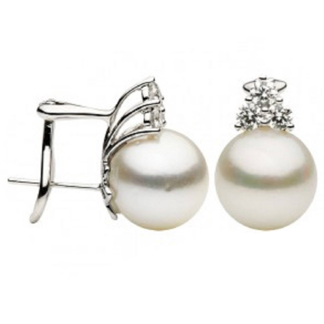 South Sea Pearl Diamond Drop Earrings 0.60 Carats 12-13 MM 18K White Gold For Sale