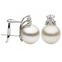 South Sea Pearl Diamond Drop Earrings 0.60 Carats 12-13 MM 18K White Gold