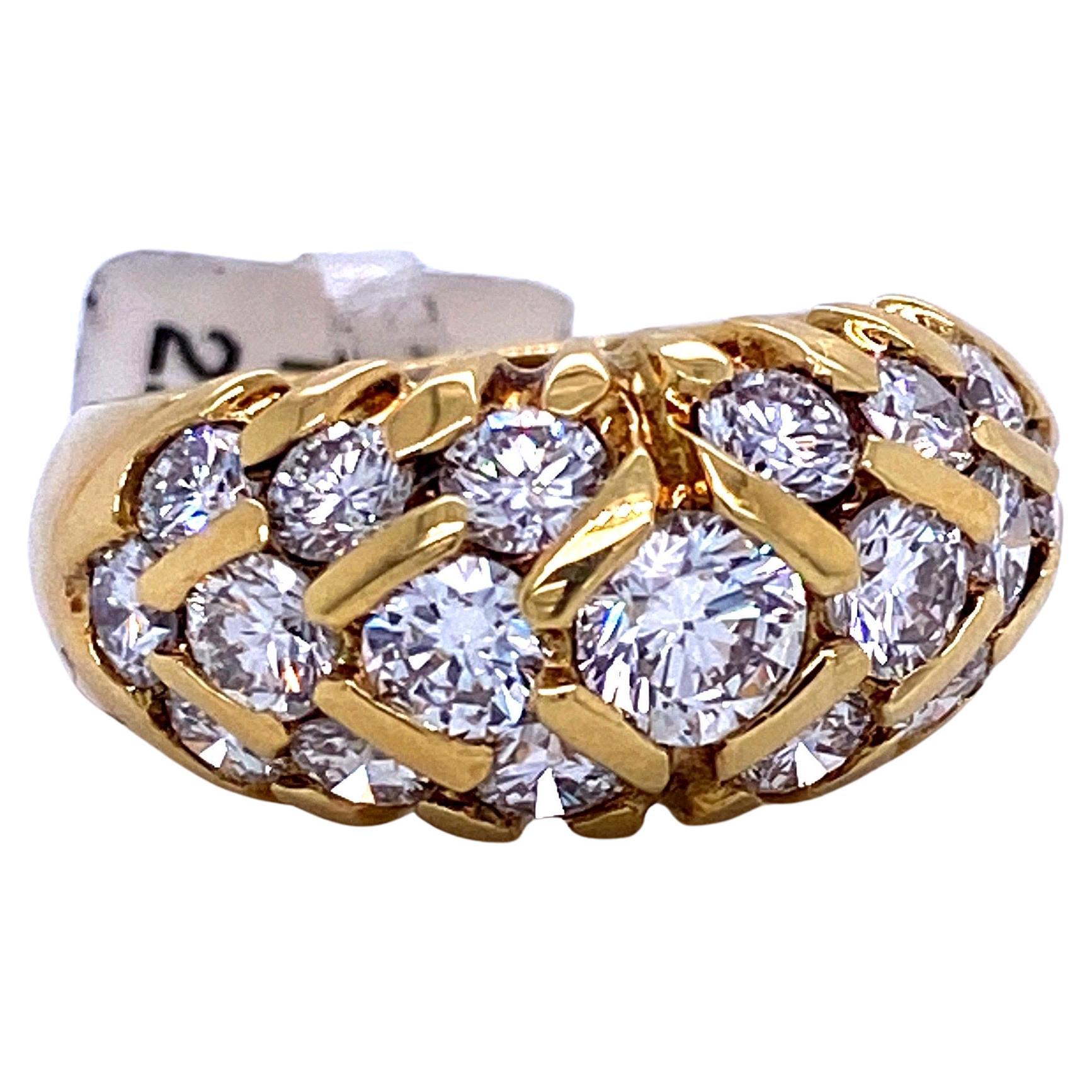 Women's Three-Row Diamond Bar Dome Ring 2.09 Carat 18 Karat Yellow Gold For Sale