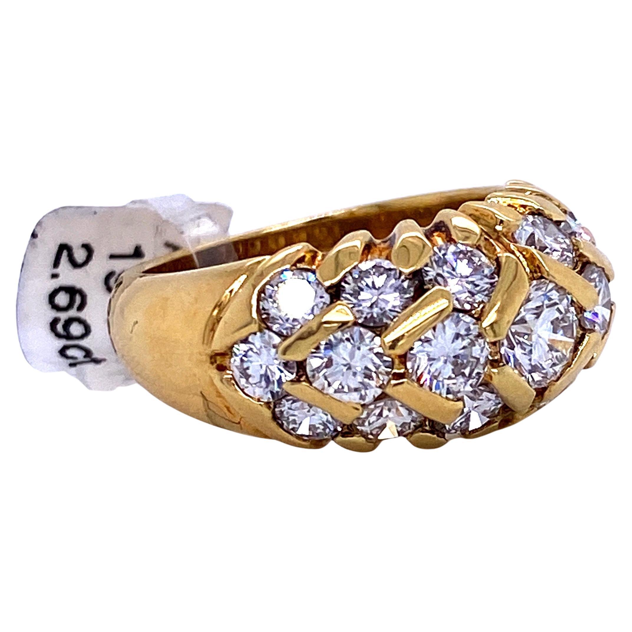 Three-Row Diamond Bar Dome Ring 2.09 Carat 18 Karat Yellow Gold In Excellent Condition For Sale In New York, NY